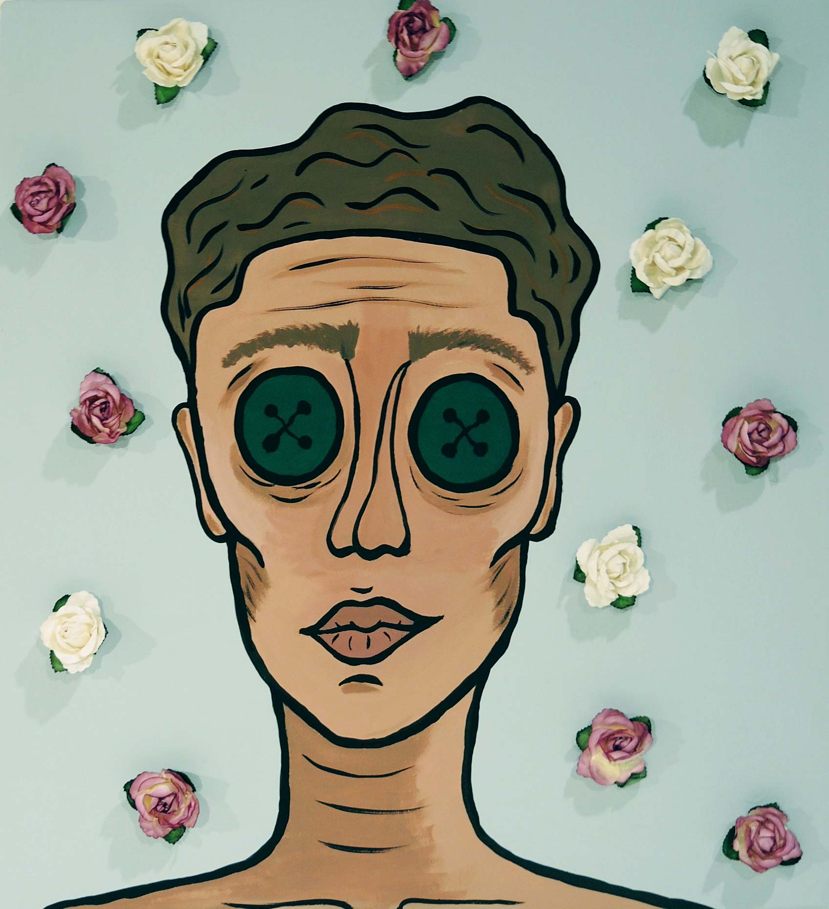 An illustration by Tahiri Guevara of a person with green circles over their eyes and flowers in the background