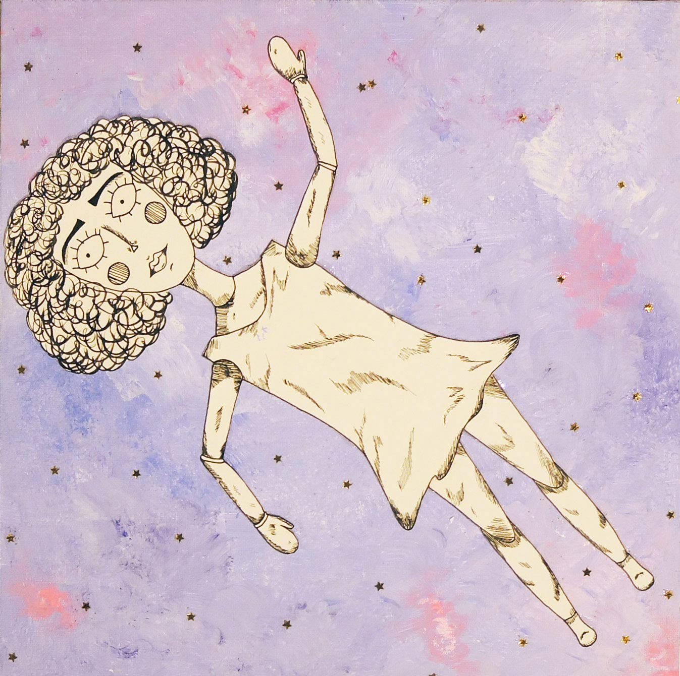 A drawing by Tahiri Guevara of an girl floating in a purple starry background