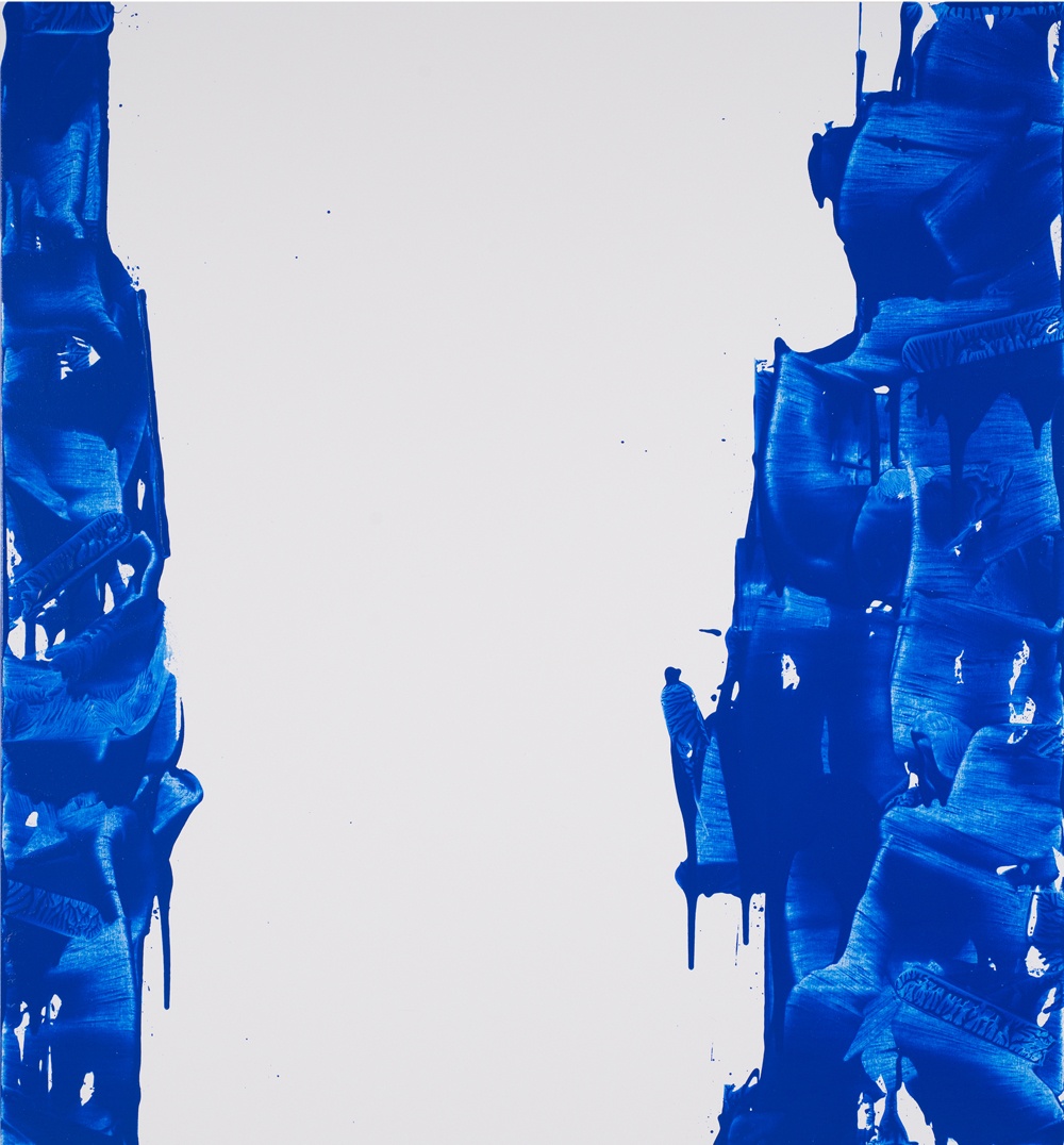 An abstract painting in blue and white with drips