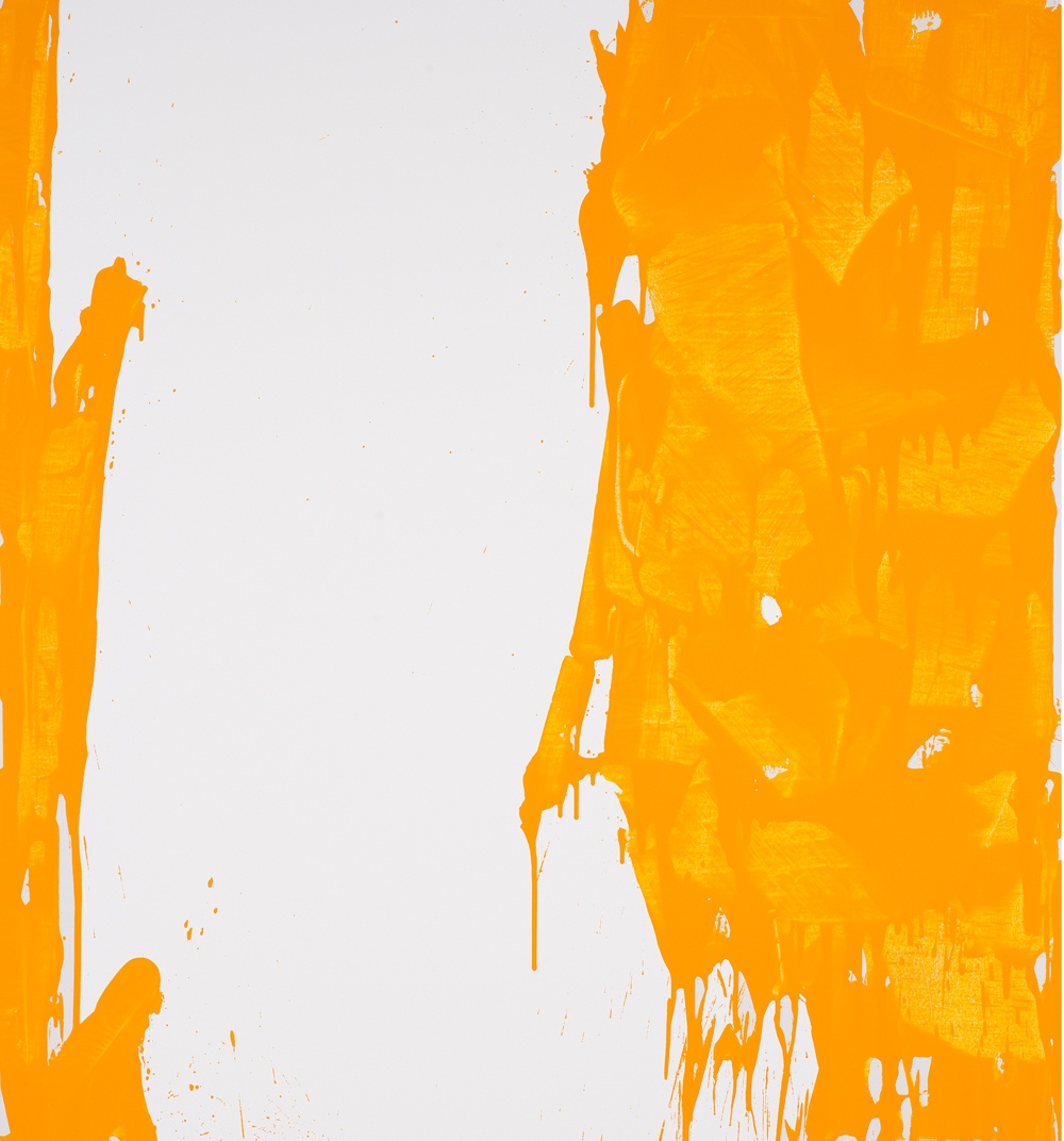 An abstract painting in orange and white with drips