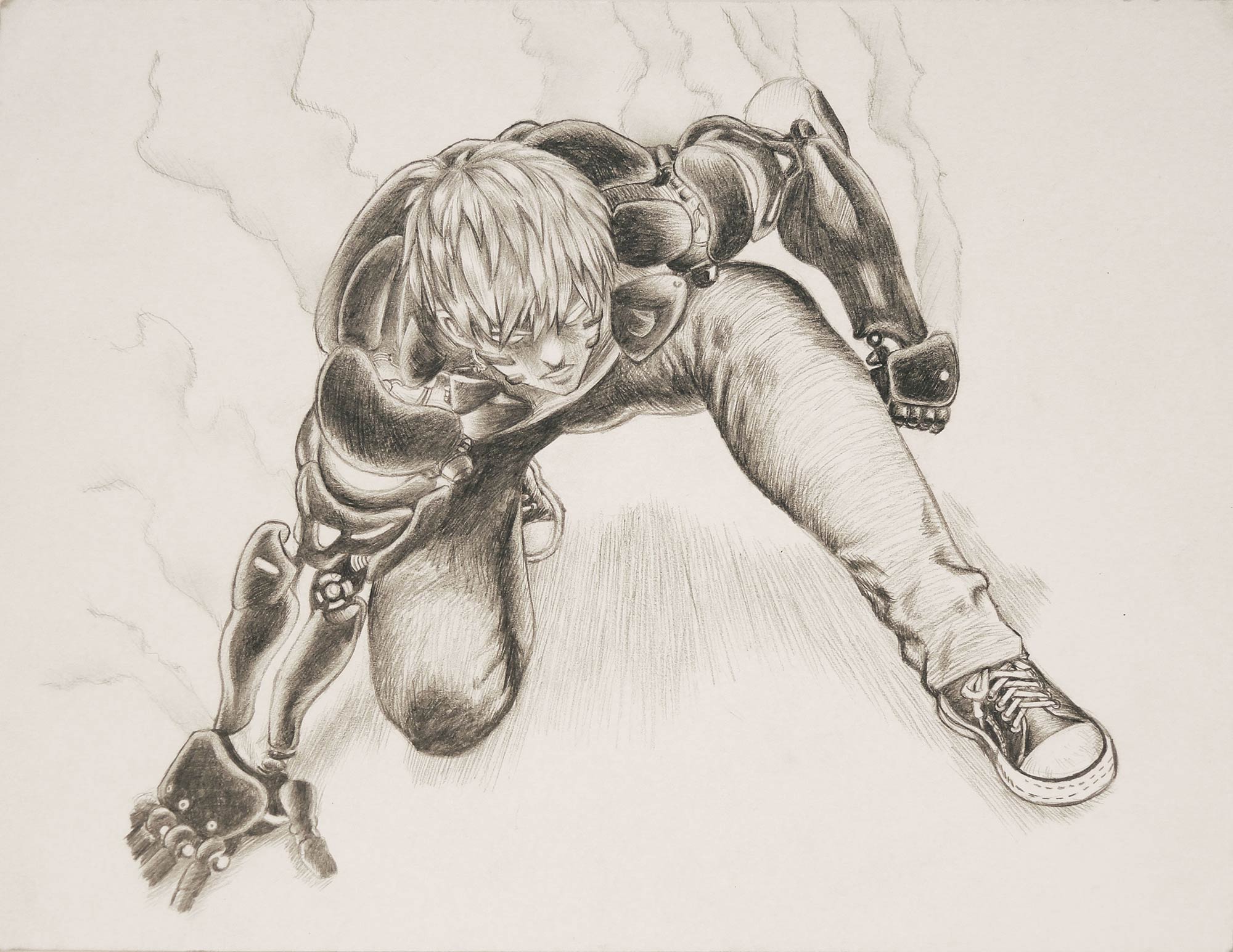 A drawing by Perdong Lin of a super hero in an action stance
