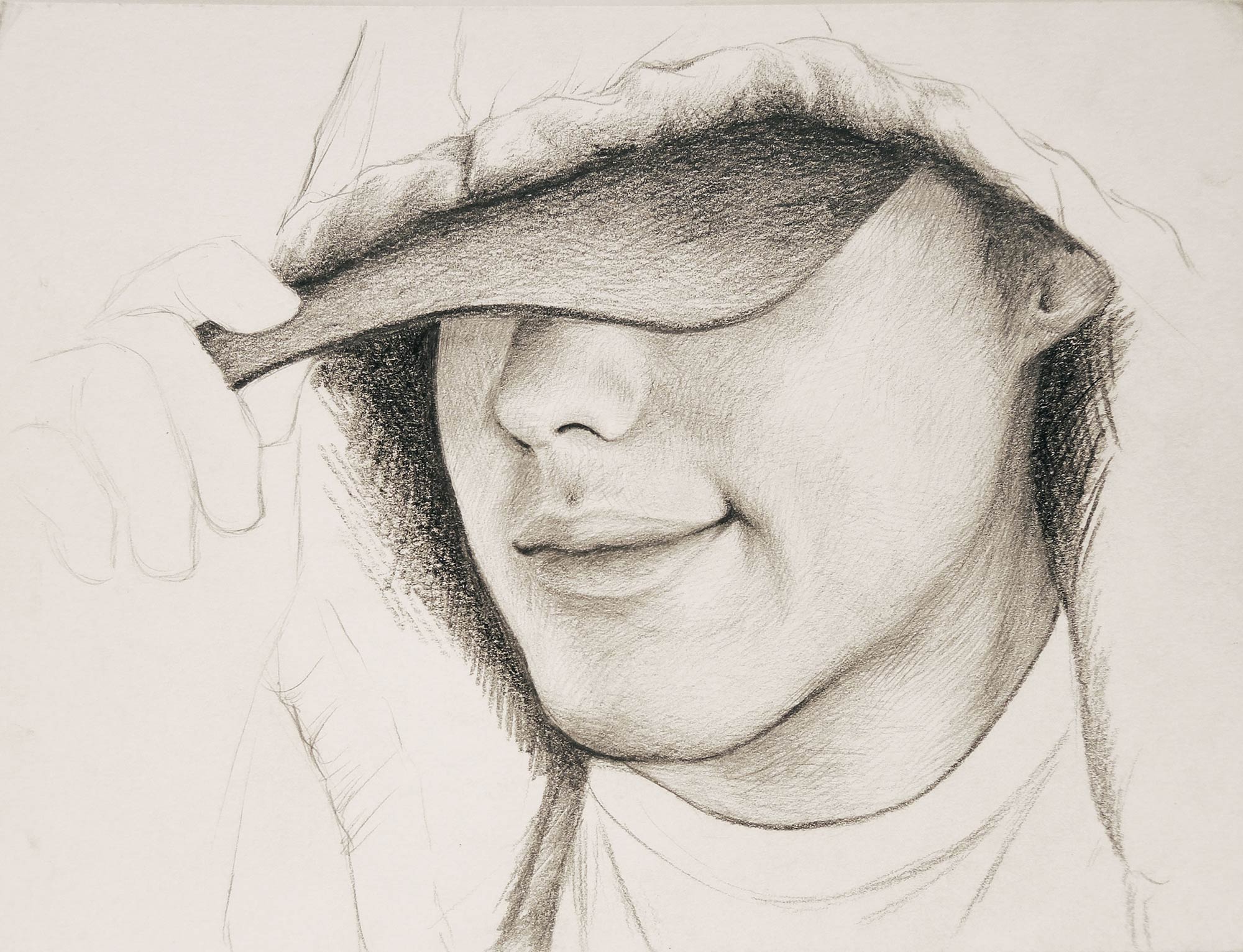 A drawing by Perdong Lin of a face partially obstructed by a baseball cap and hoodie