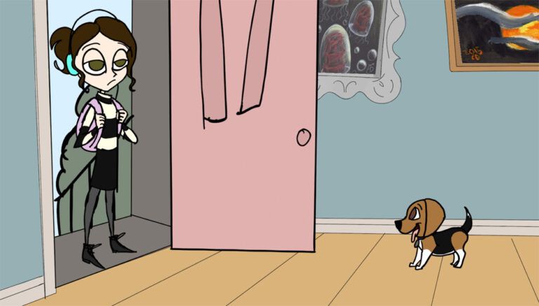 A digital artwork of a young girl at an open door being greeted by an excited dog