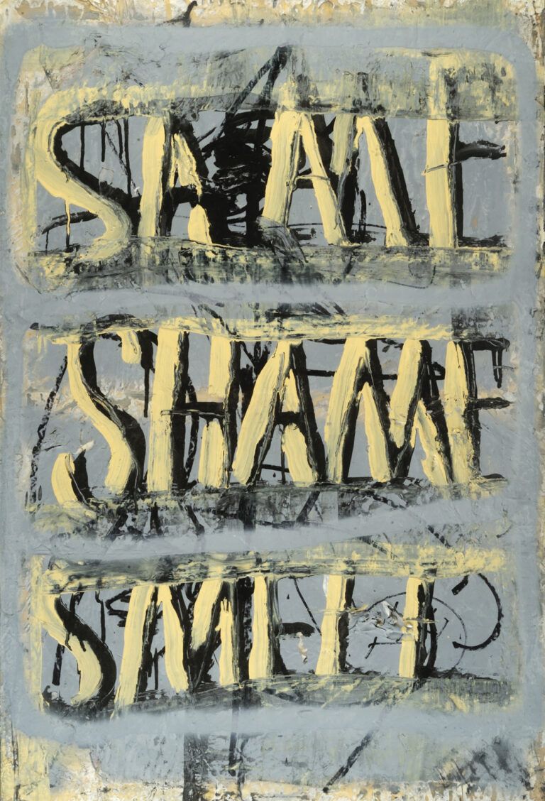A blue gray painting with pale yellow and black details that reads "SAME SHAME SMELL"