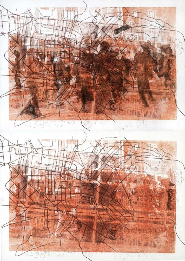 Two illegible photographs in red and white with black map lines superimposed on them
