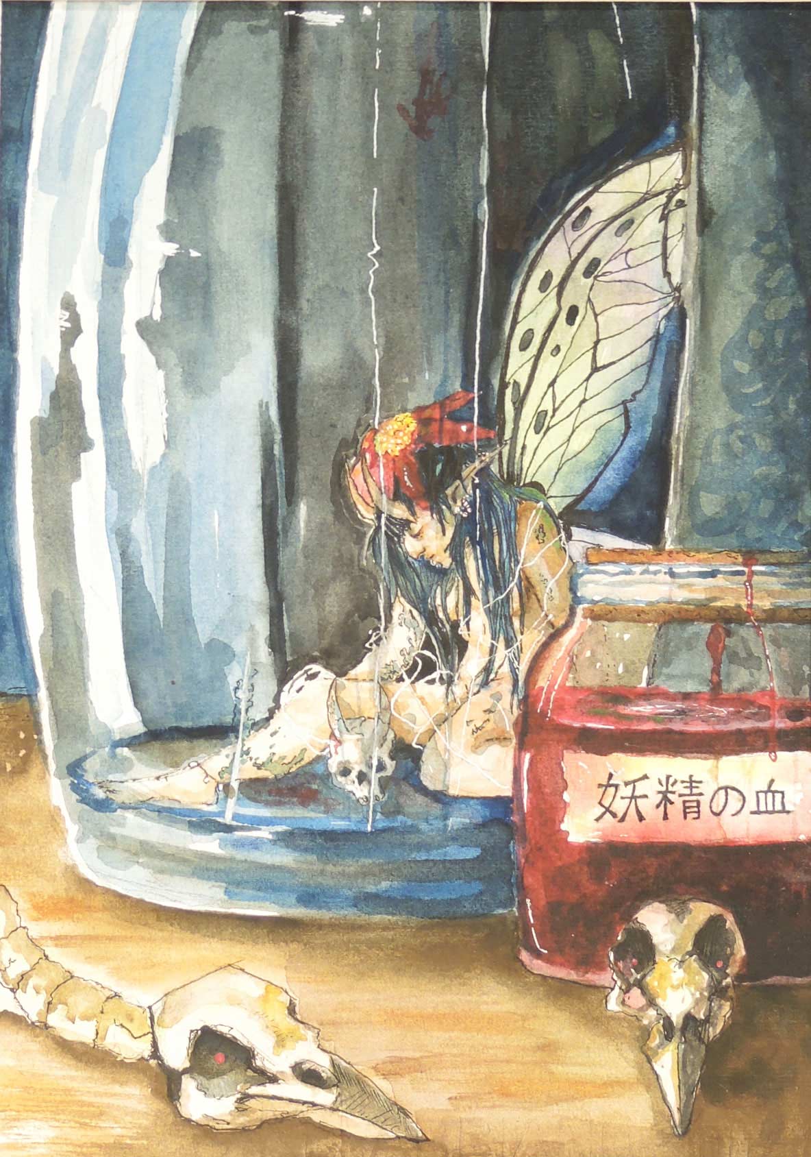 A painting by Nina Vazquez of two jars, one containing a small winged person