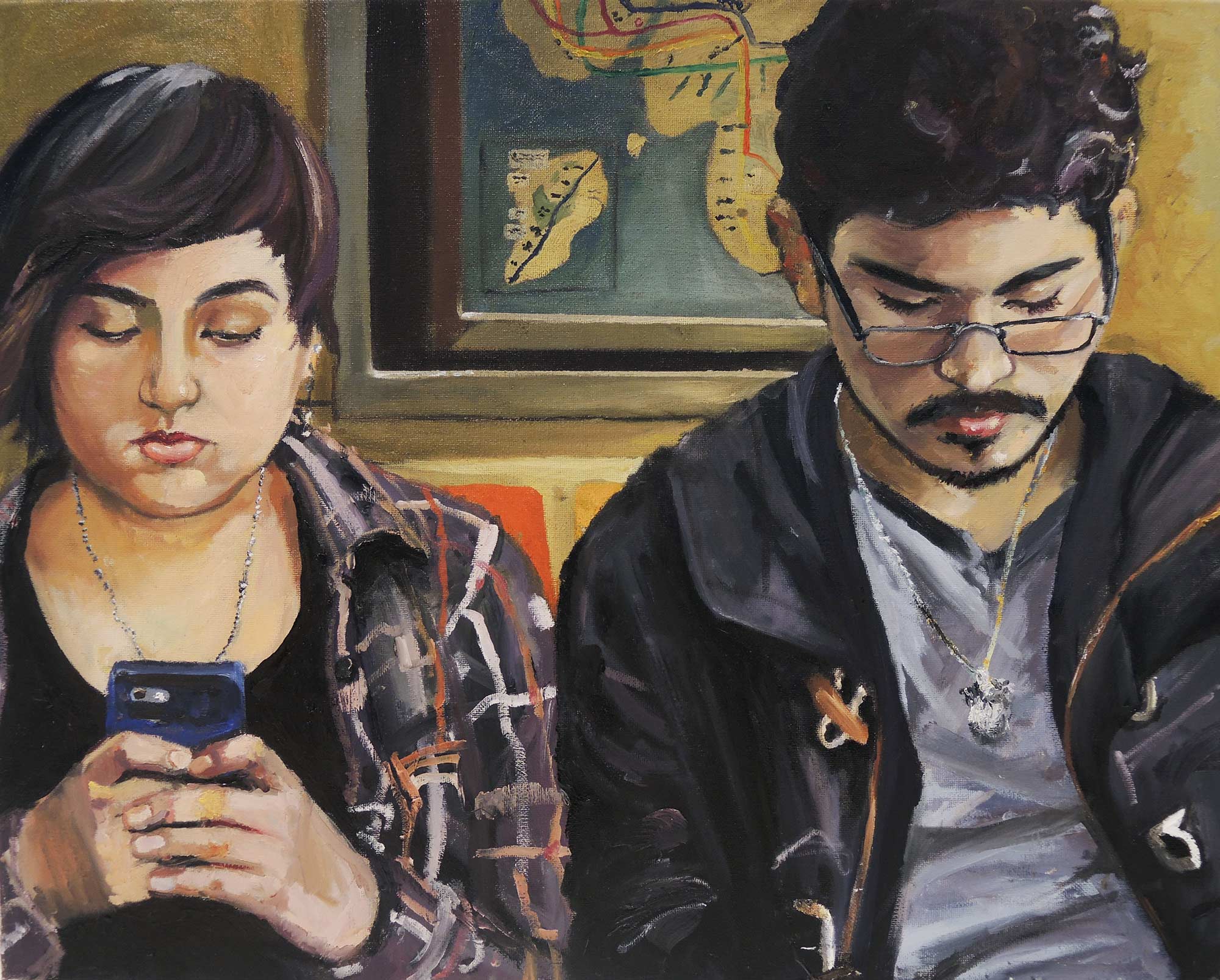 A painting by Nina Vazquez of two young adults sitting on their phones