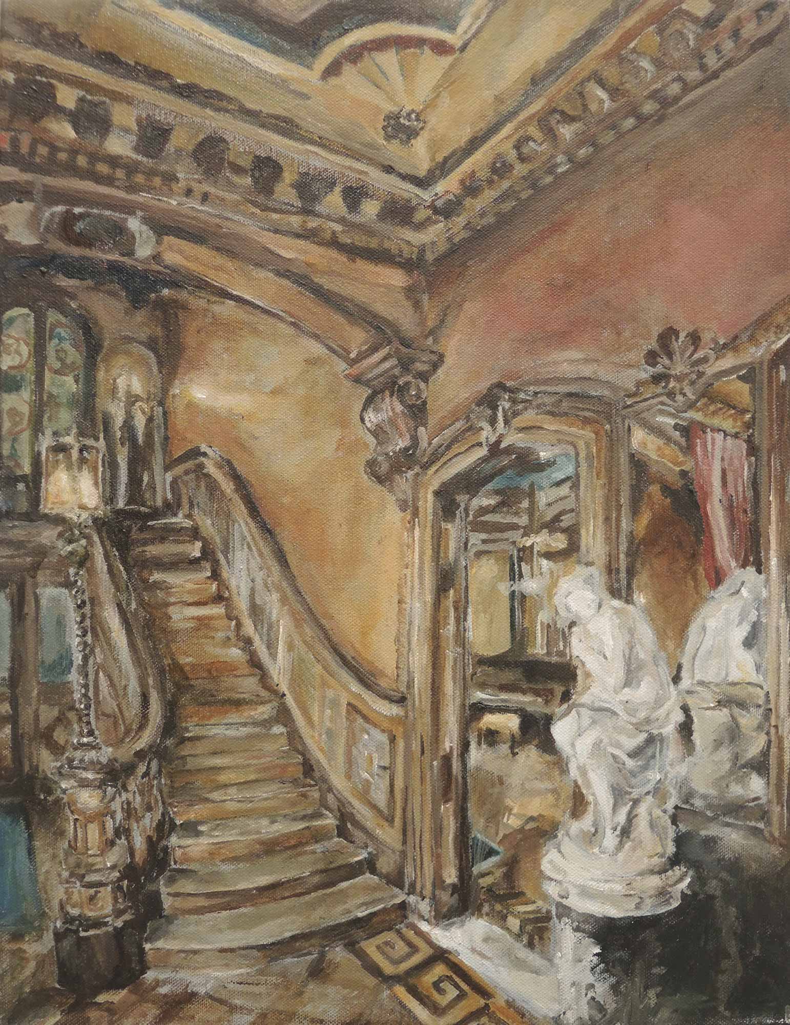 A painting of a decorative home interior with a staircase