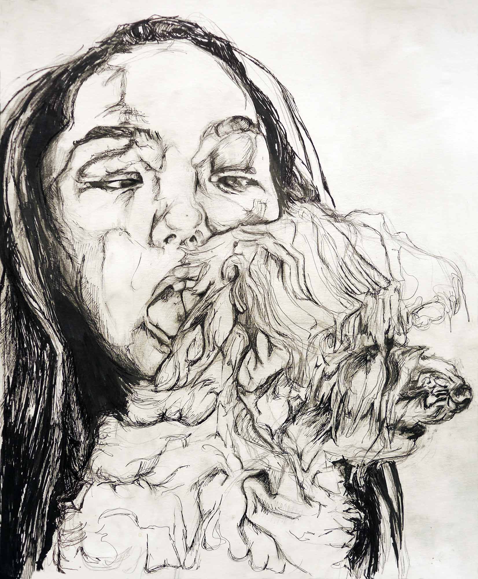 An illustration of a young woman and dog