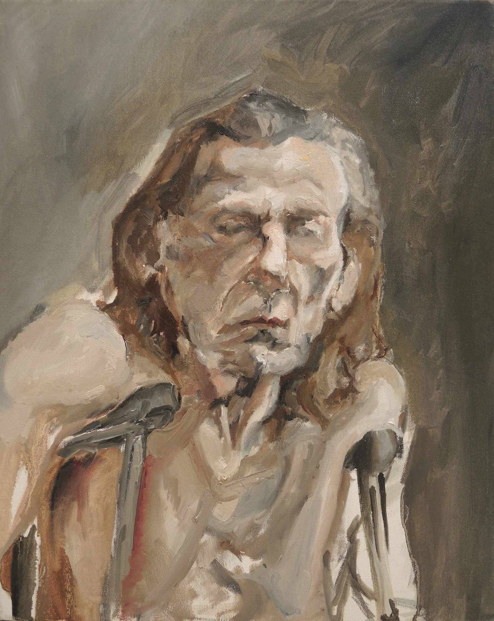 A painting of a man on crutches