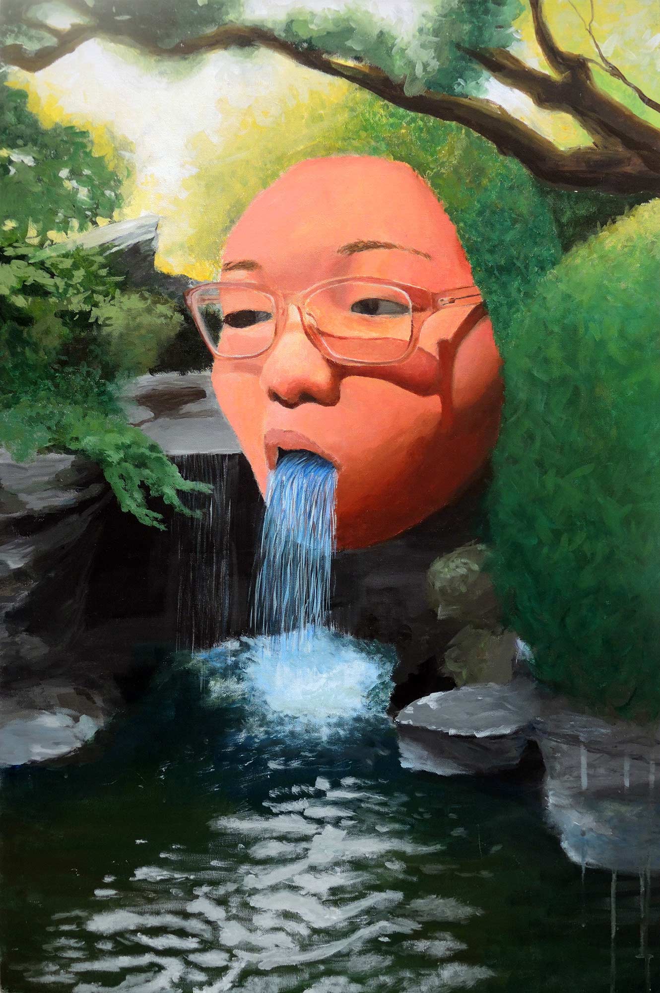 A painting of a face with a waterfall coming from its mouth