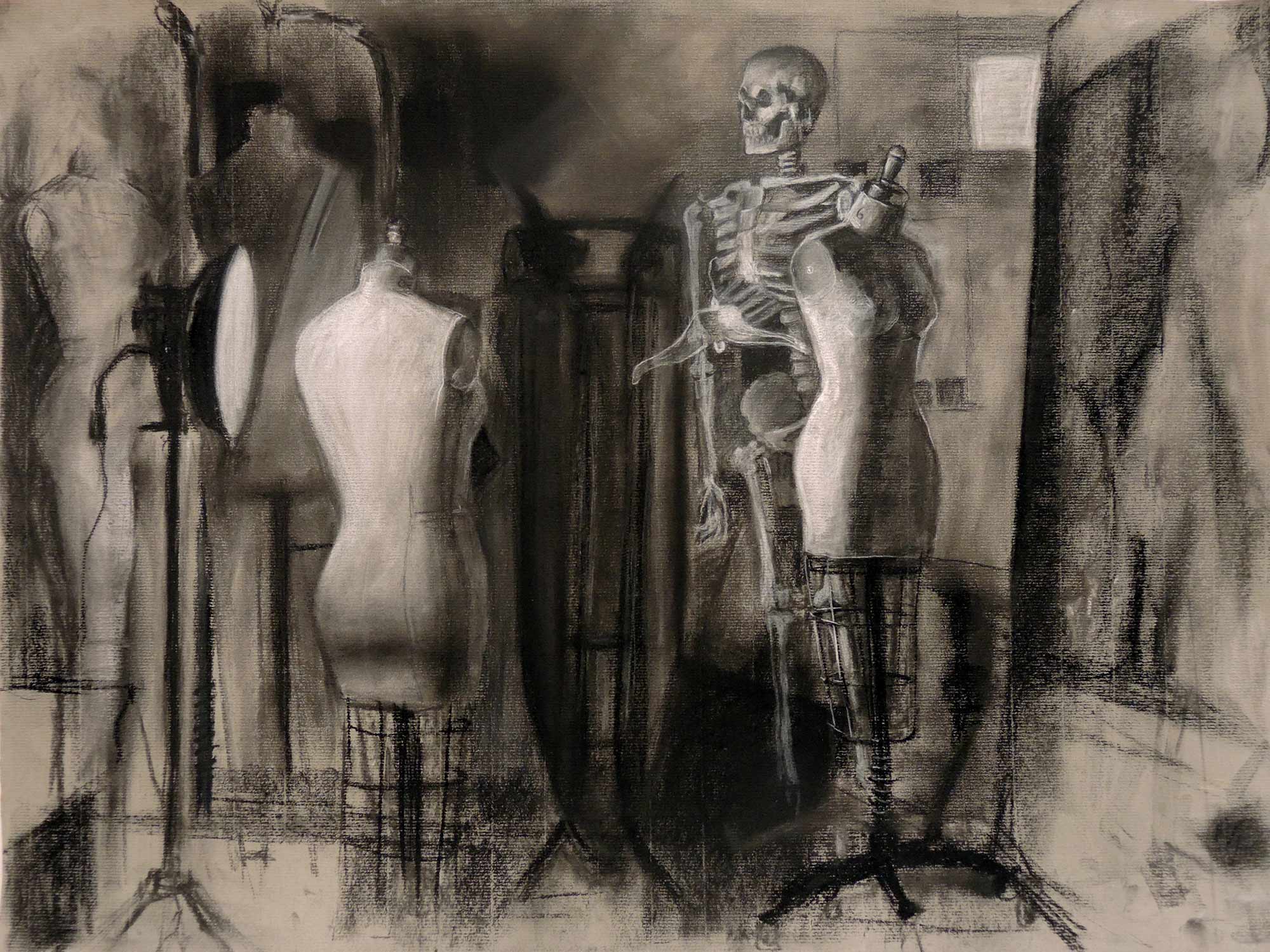 A drawing of a skeleton and dress forms in an art studio
