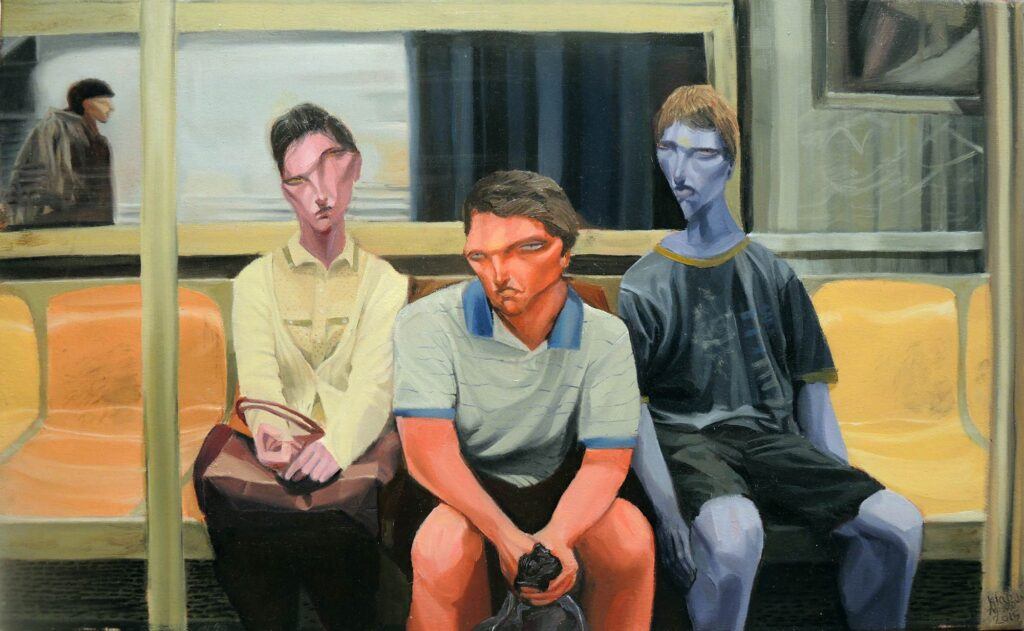 A painting of three individuals on the subway