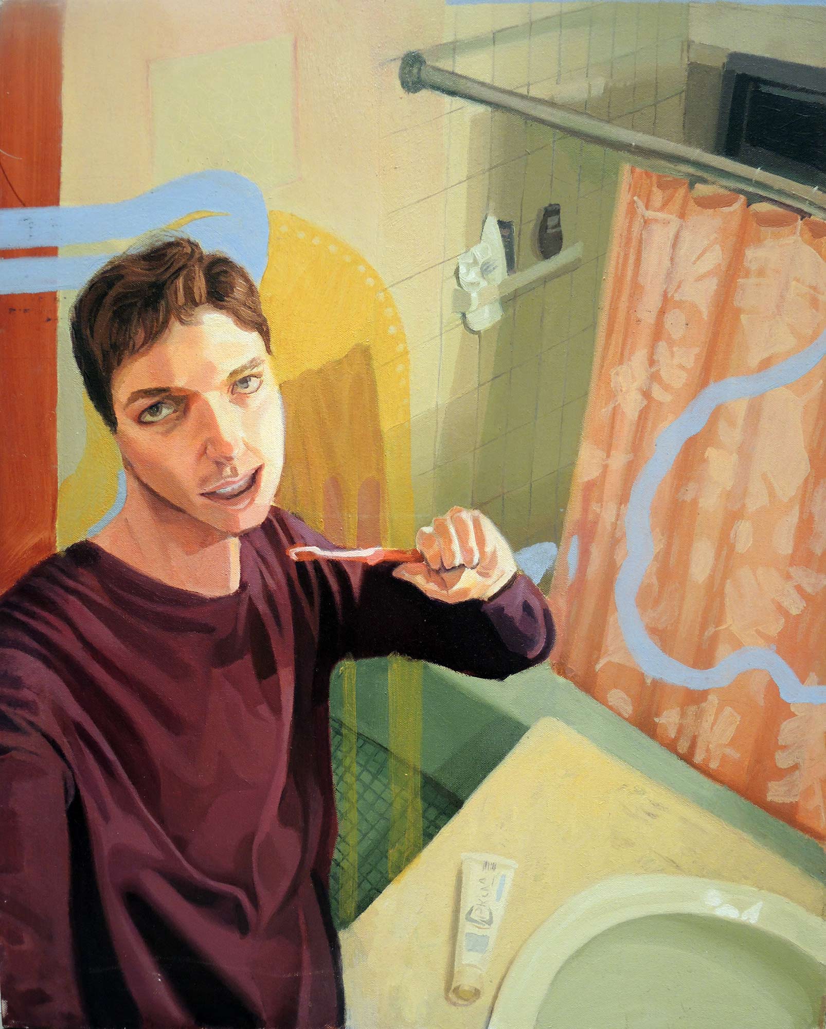 A paitning of a young man brushing his teeth