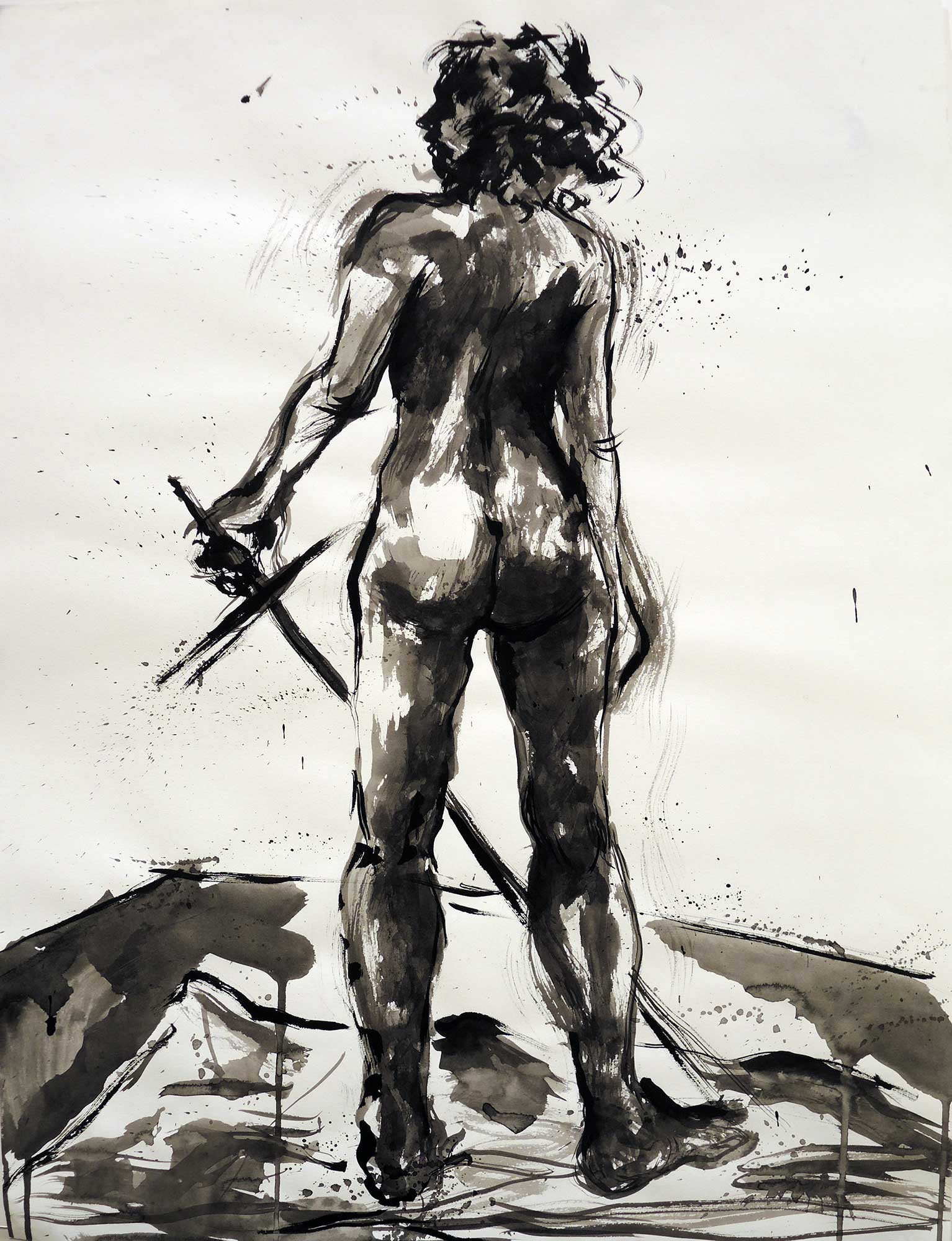 An ink drawing of a person with a sword