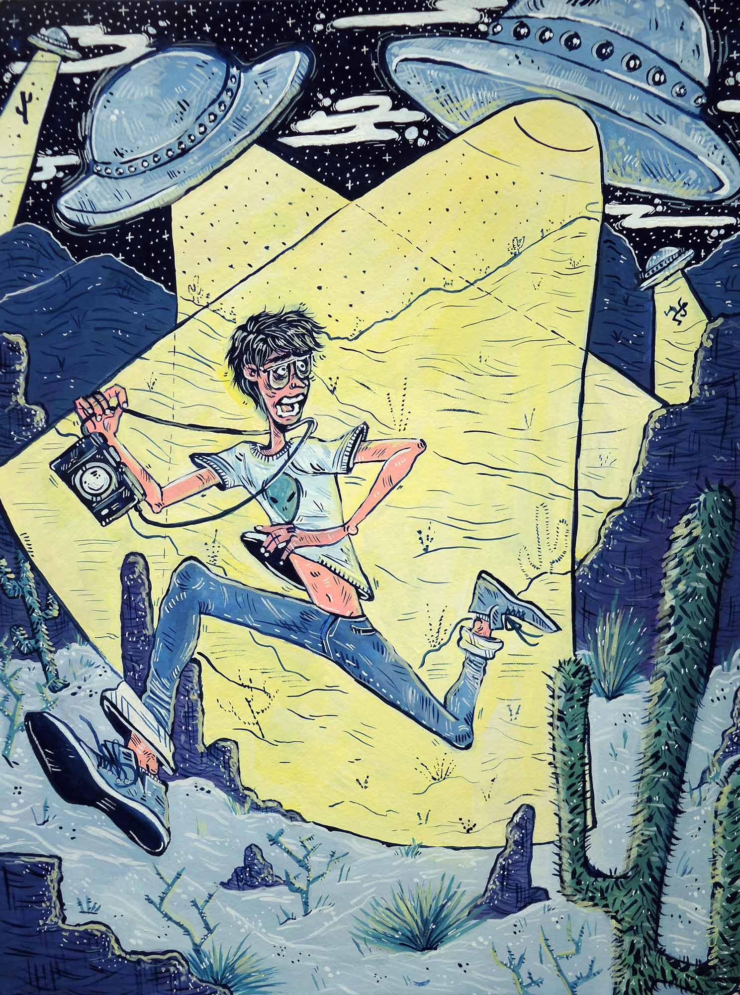 An illustration of a young person running from UFOs in the night sky