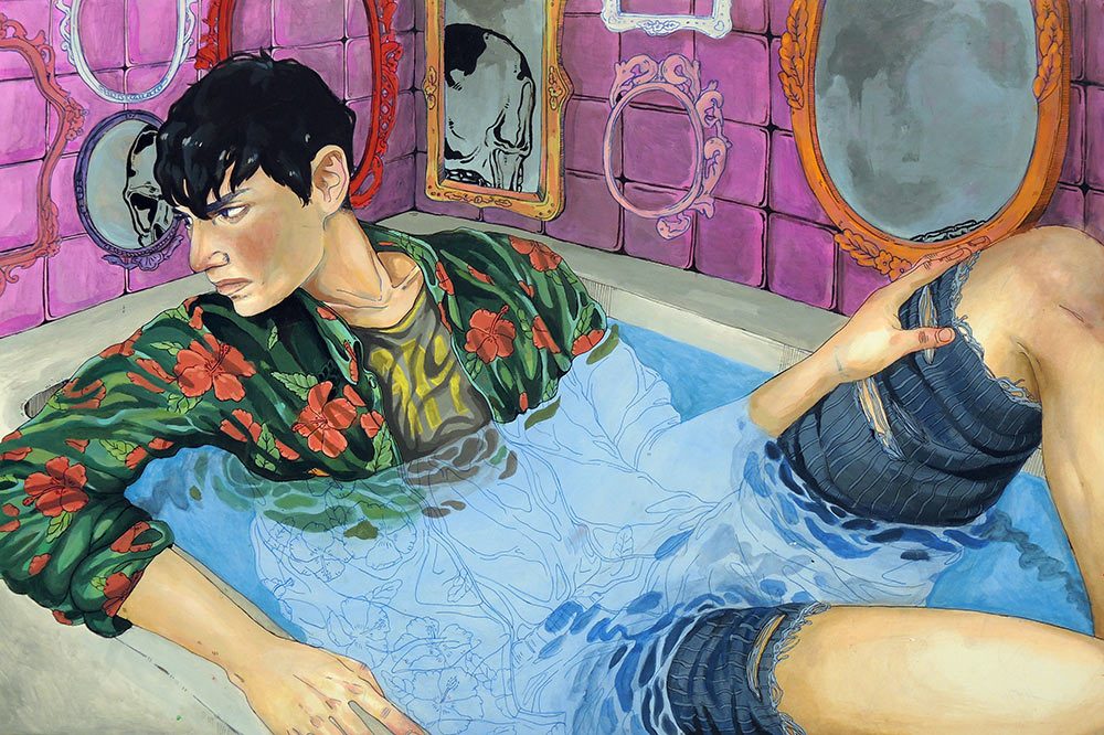 A painting of a man taking a bath in his clothing