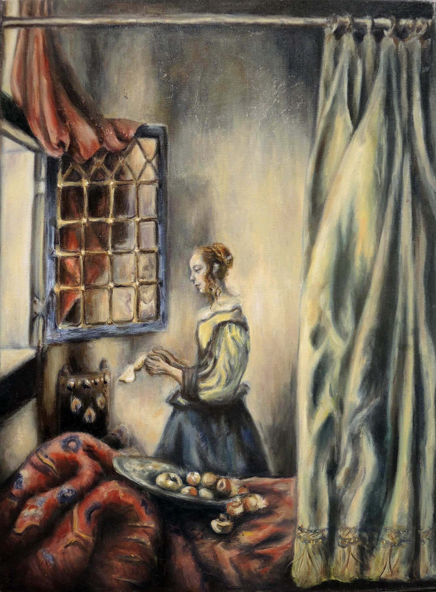 A painting of a woman at a window