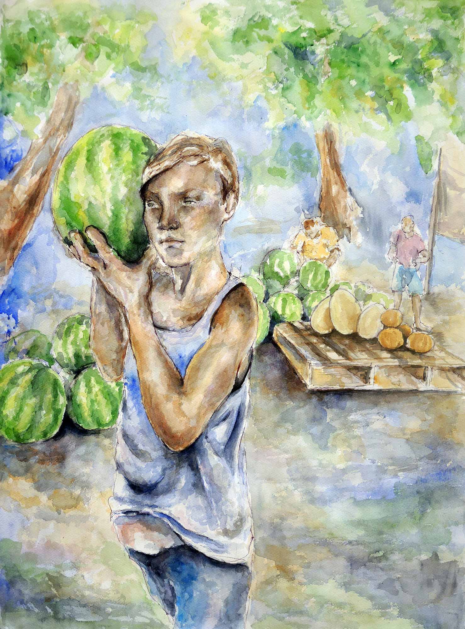 A painting of a boy holding a watermelon