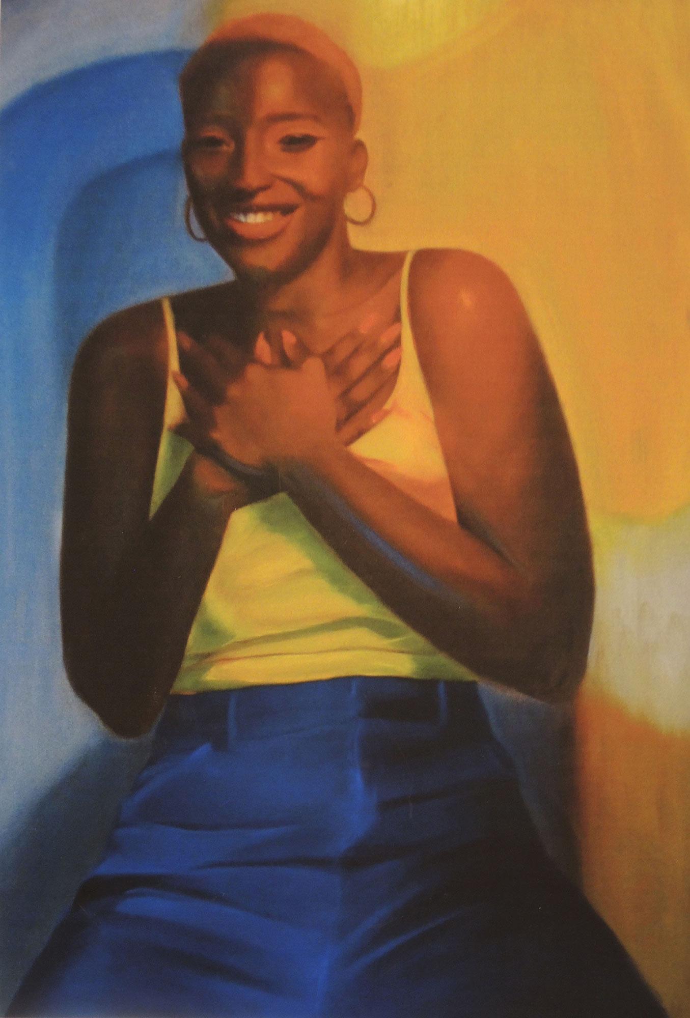 A painting of a person smiling with their hands crossed on their chest