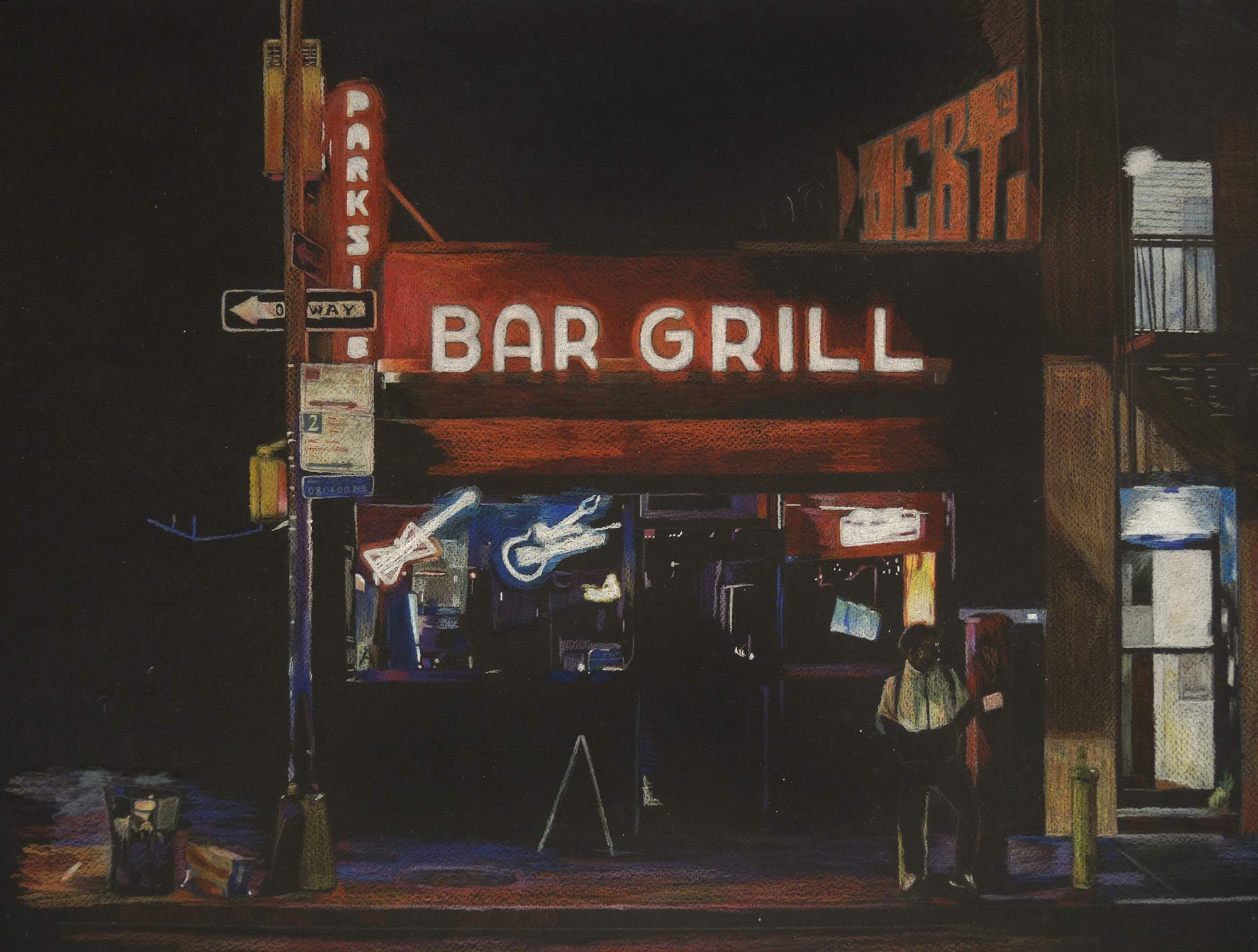A painting of a bar and grill at night