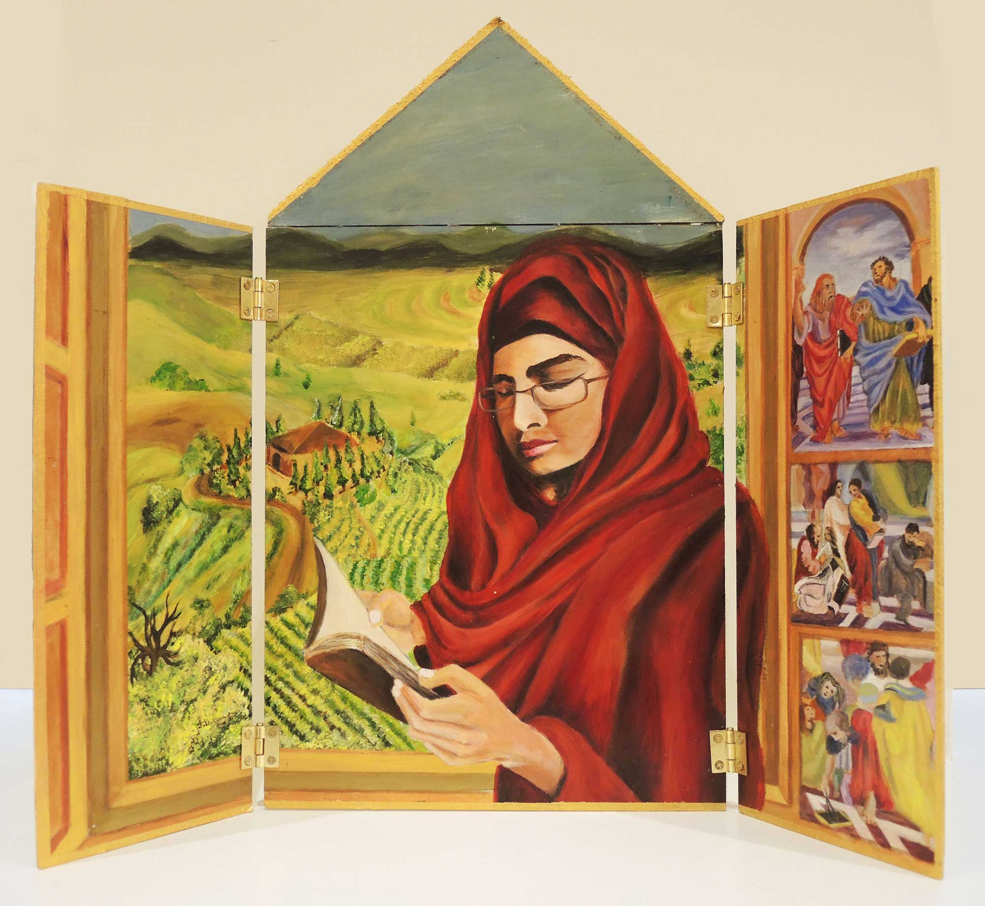 A painting on a tri-fold panel containing a woman reading