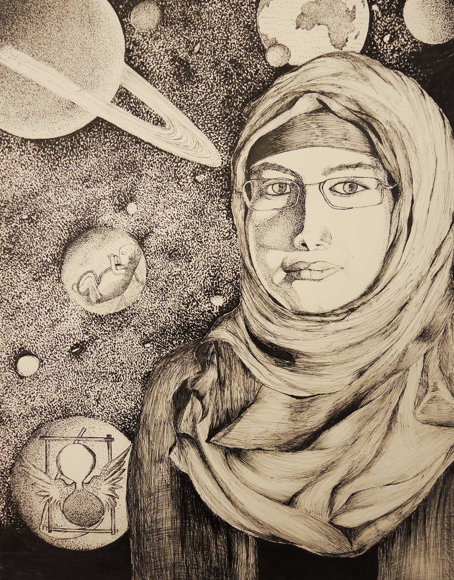 A drawing of a woman wearing a covering in front of a space scene