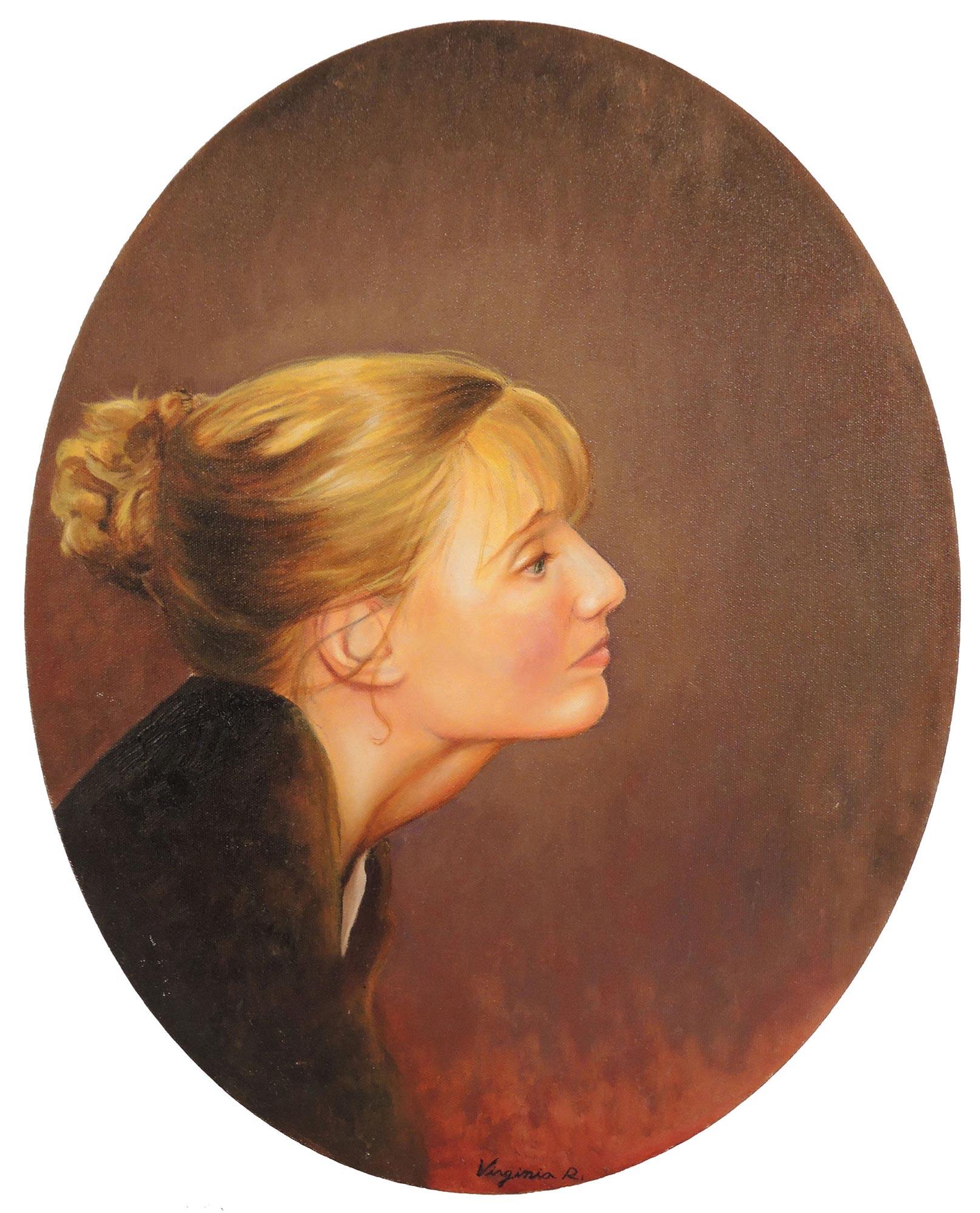 A oval shaped painting of a woman
