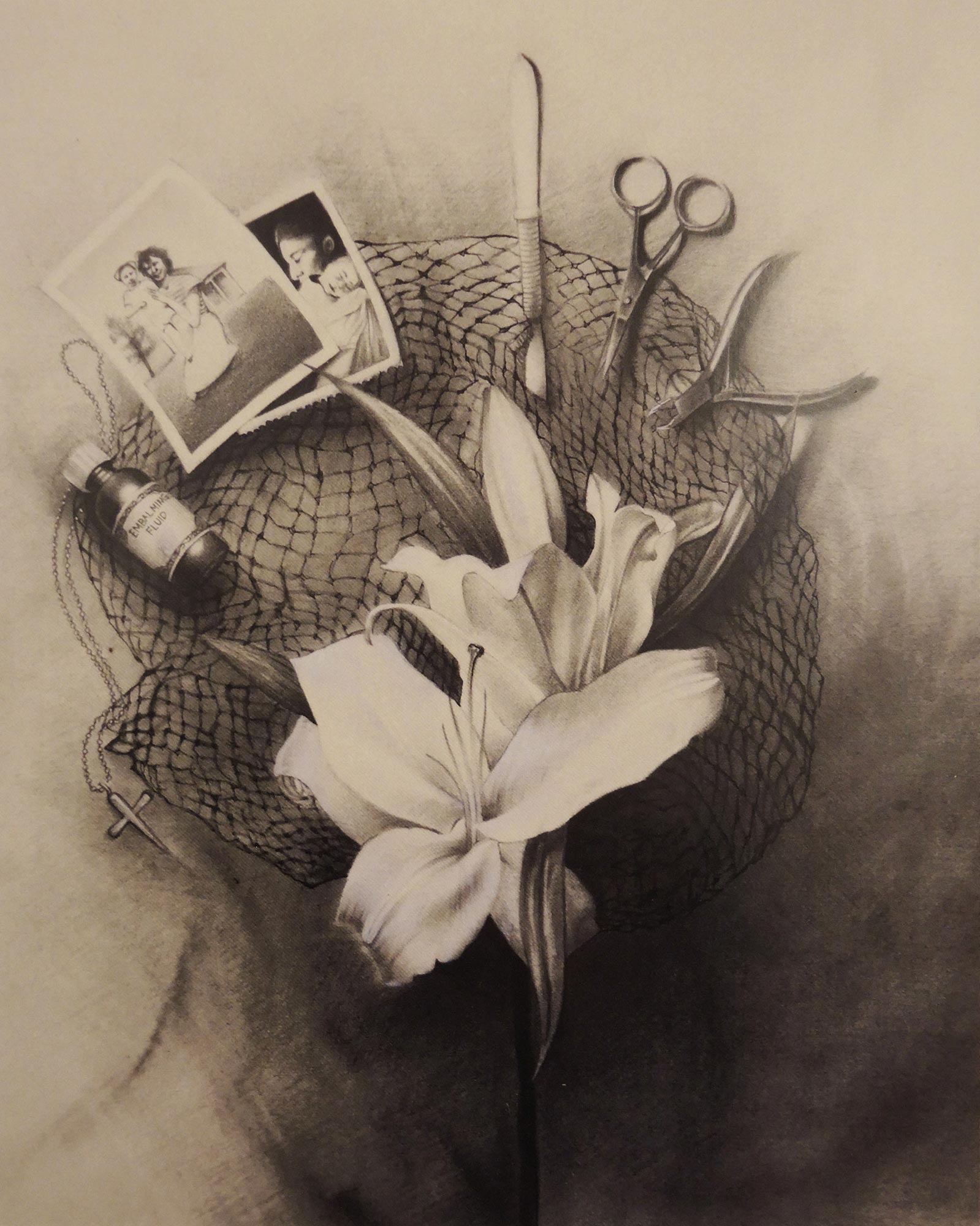A charcoal drawing of netting with multiple objects