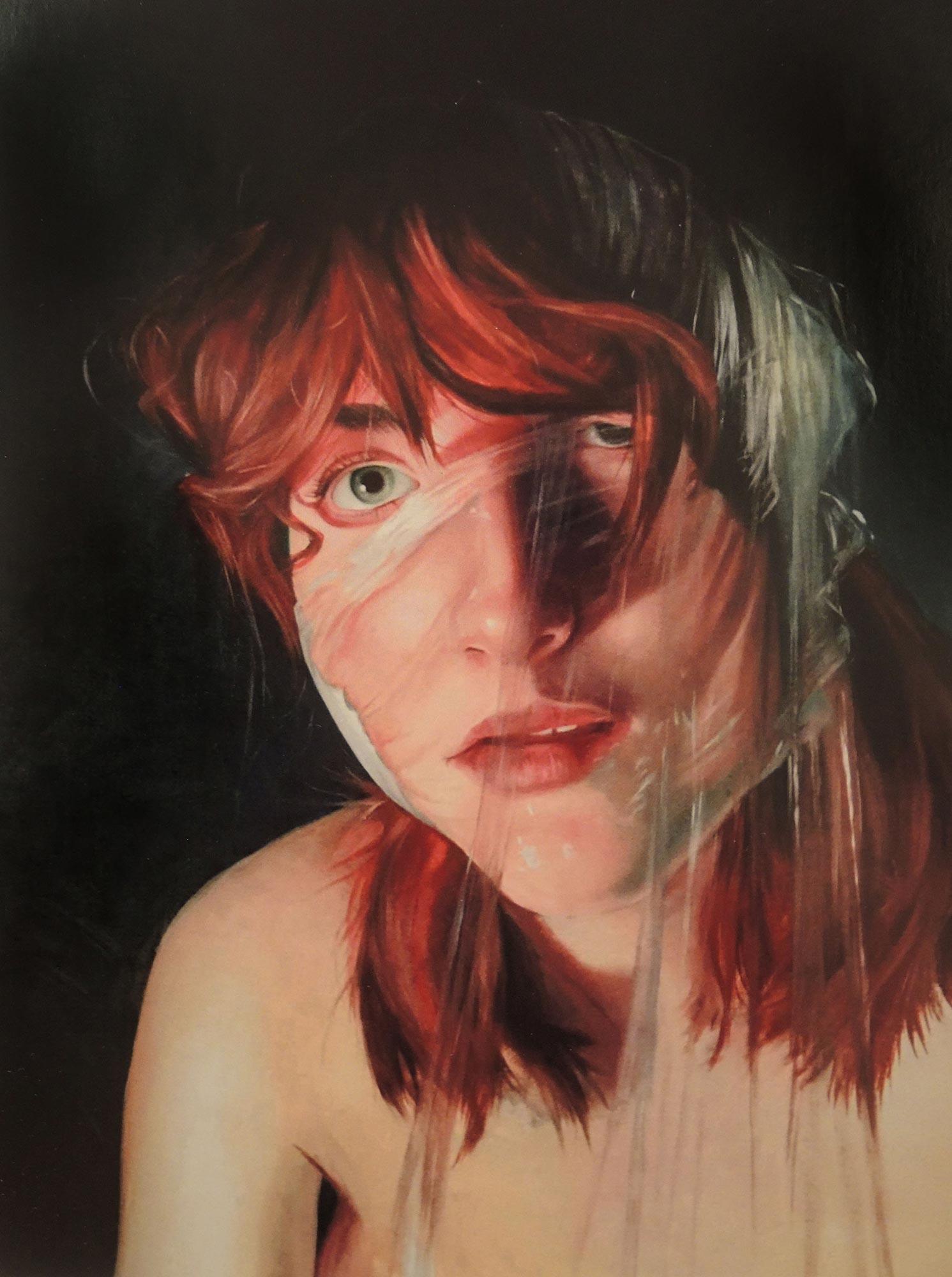 A painting of a woman with clear plastic wrapped around her head