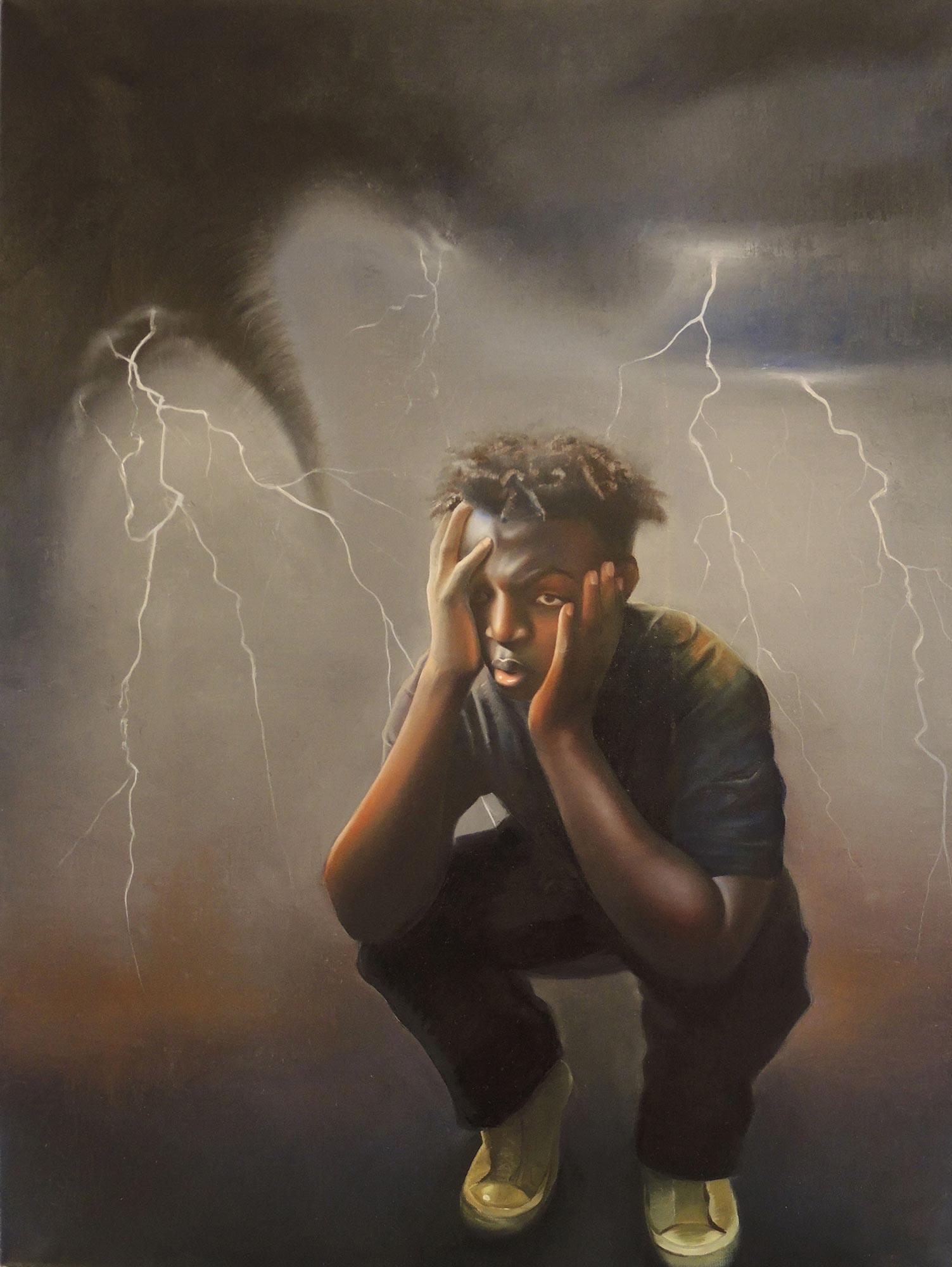a painting of a boy in a storm