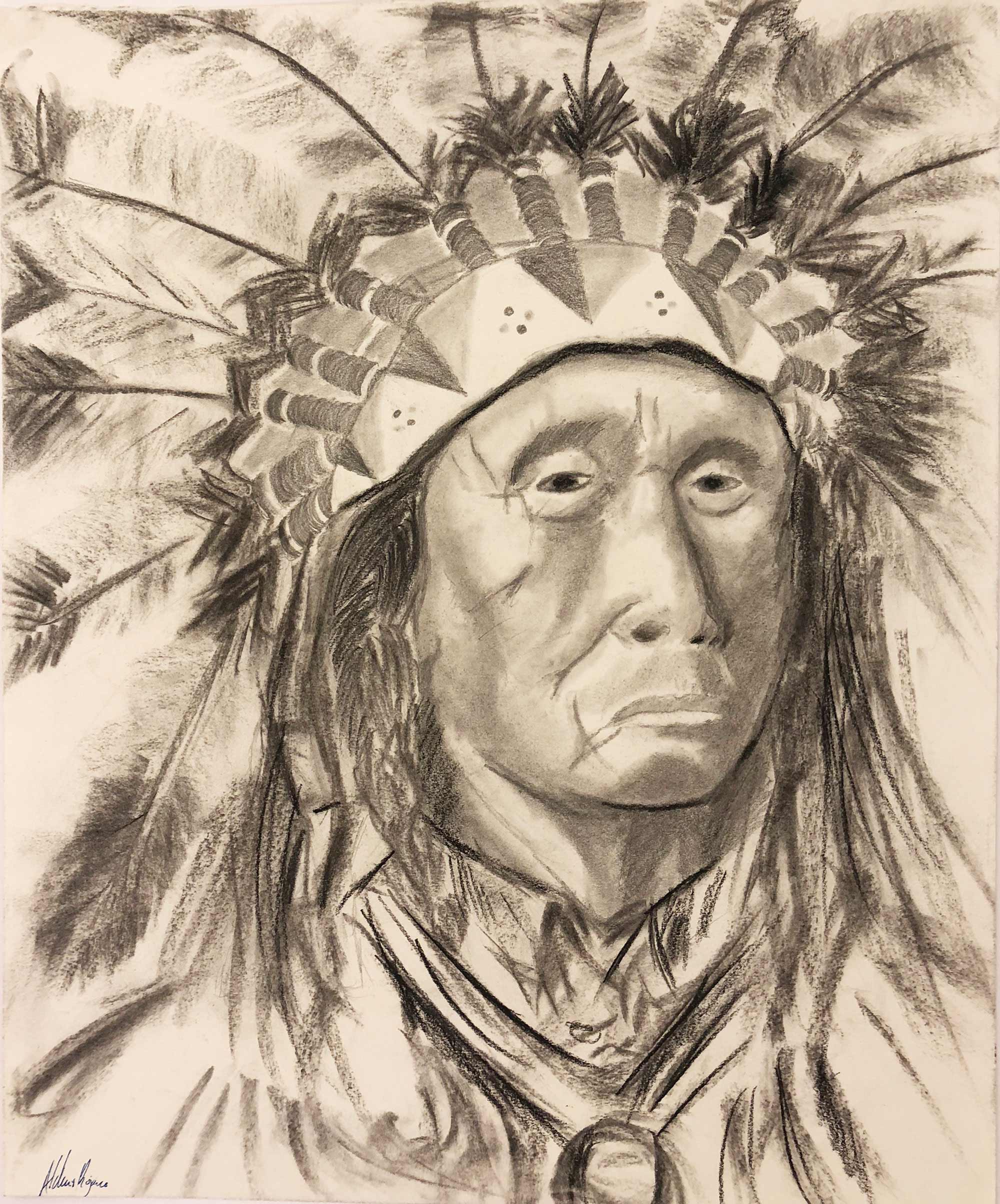 A charcoal drawing of a native American