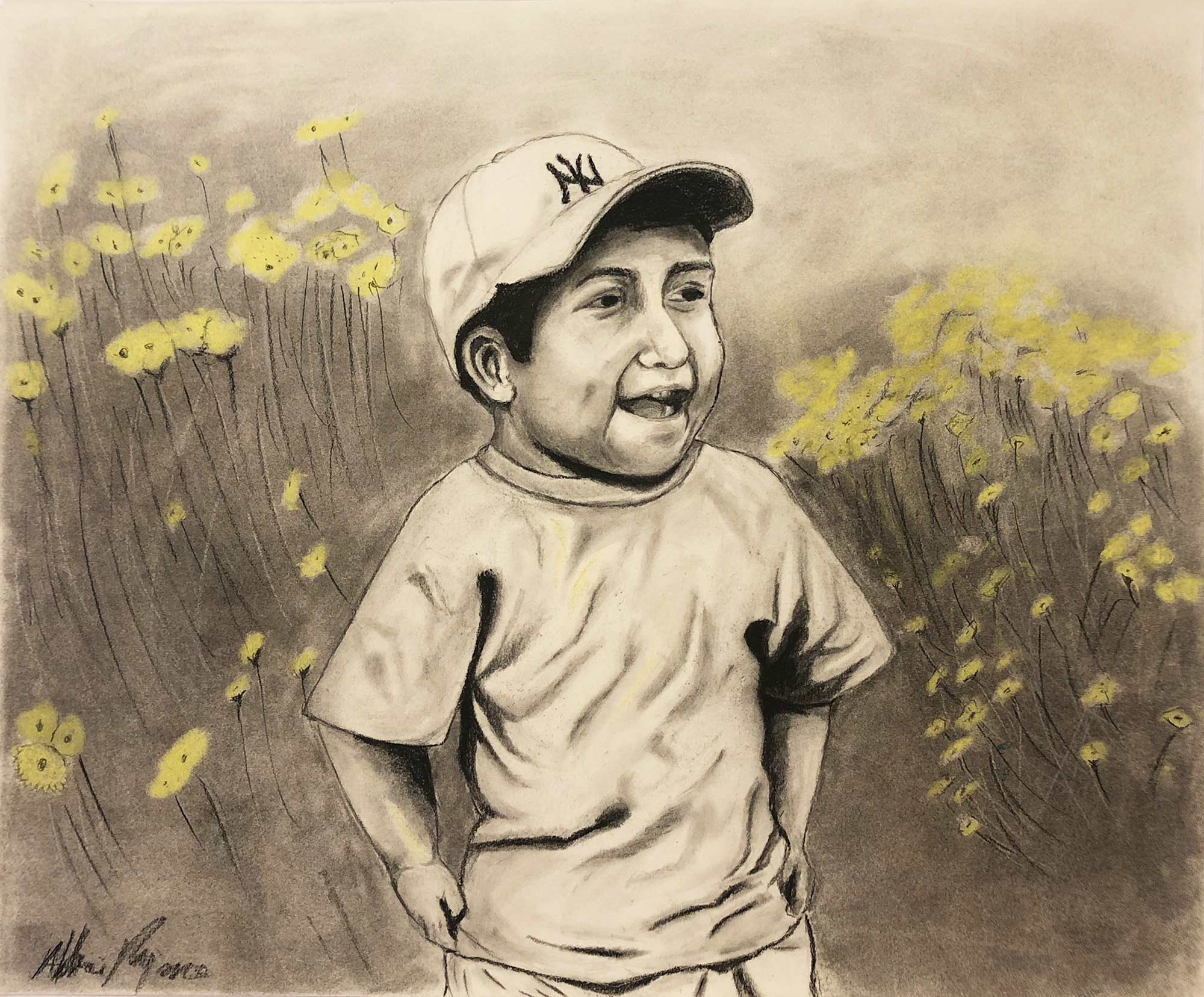 A charcoal drawing of a boy