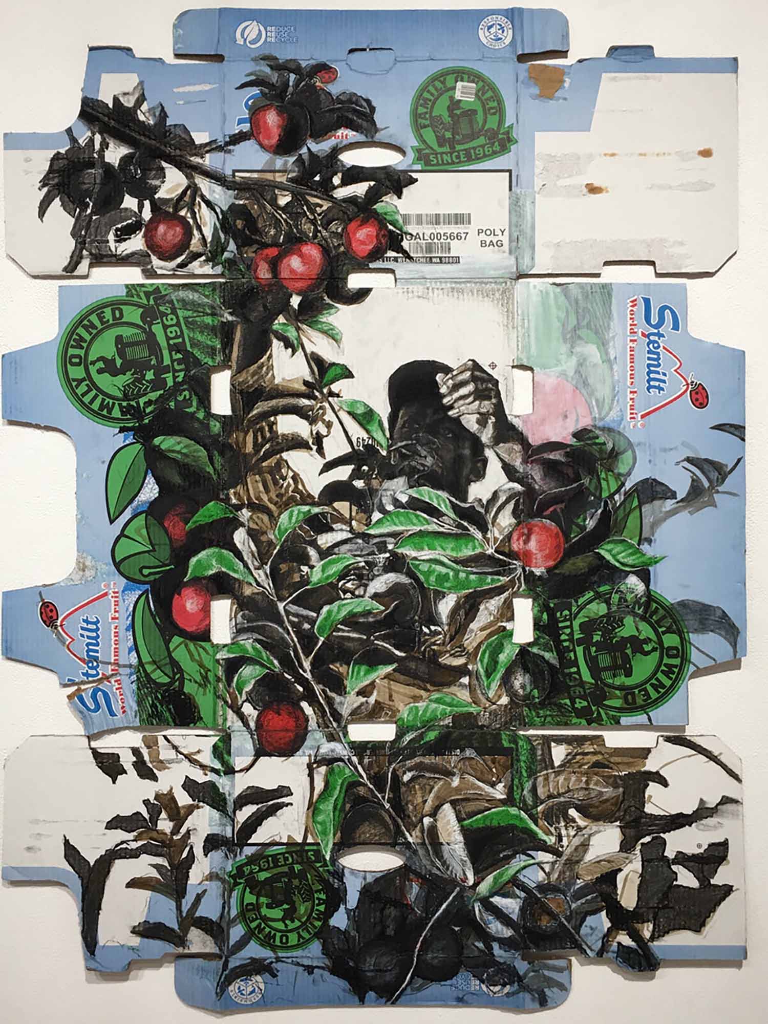 Fujisaki III
2016
Ink, Charcoal, and Oil on Unfolded Produce Box
50.5 x 37.5 Inches