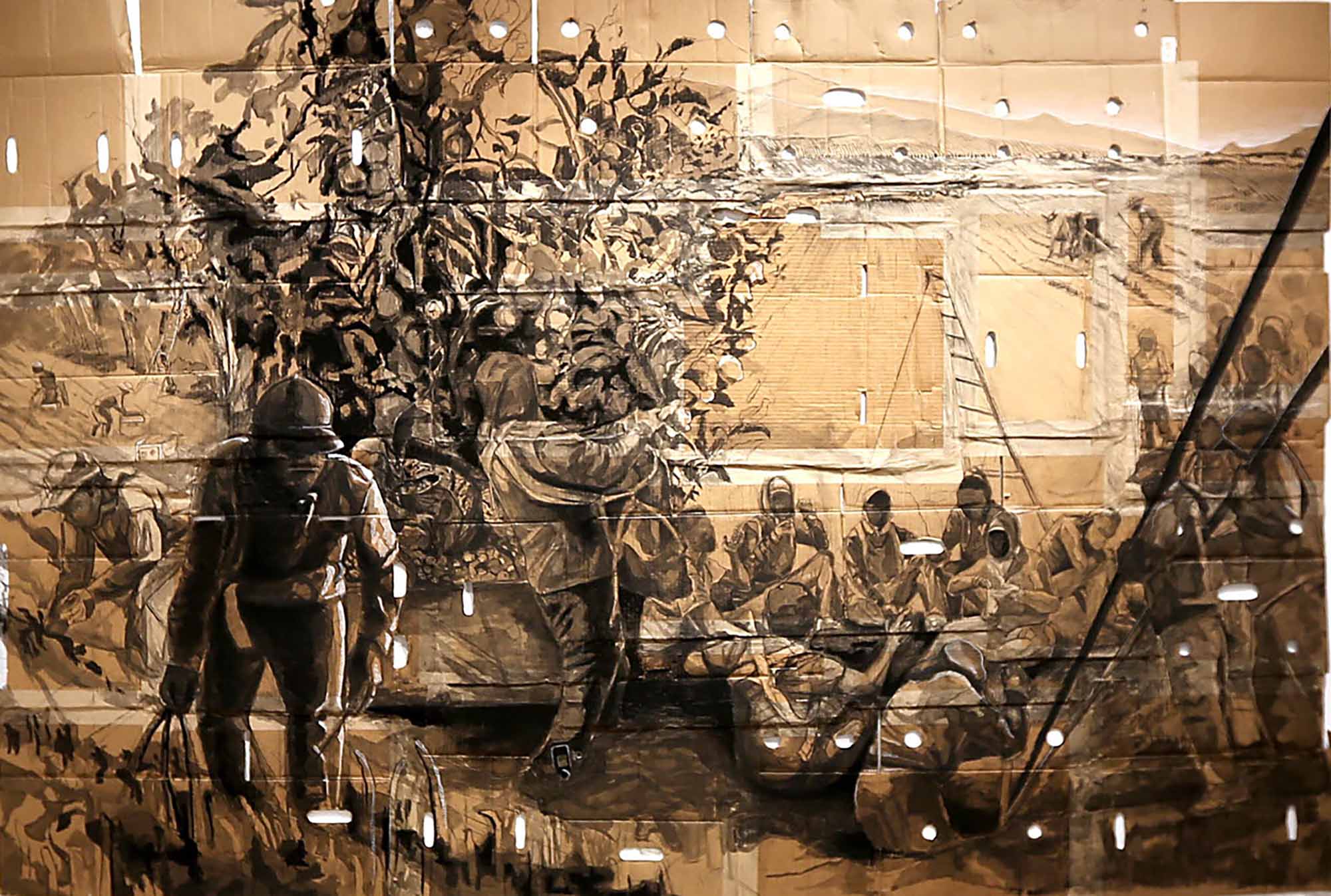 Philosophy in the Fields
2016
Ink and Charcoal on Unfolded Produce Cardboard Boxes
72 x 108 Inches