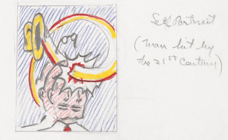 A piece of paper with a cartoonish drawing of a head getting pierced through labeled "self portrait (man hit by the 21st century)"
