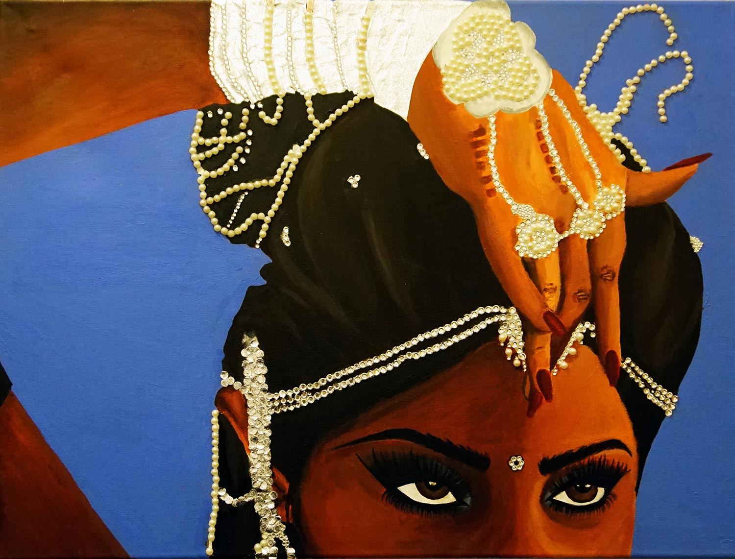 A portrait of a woman's head, with her hand placed so a finger touches her forehead. Her head covering and hand are adorned with jewels