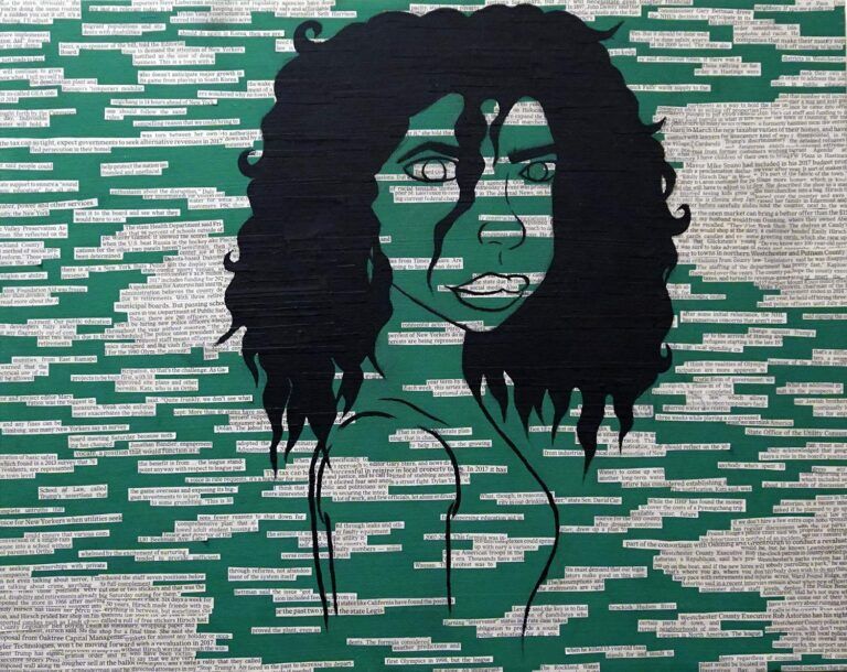 A woman painted on text that is partially redacted in green