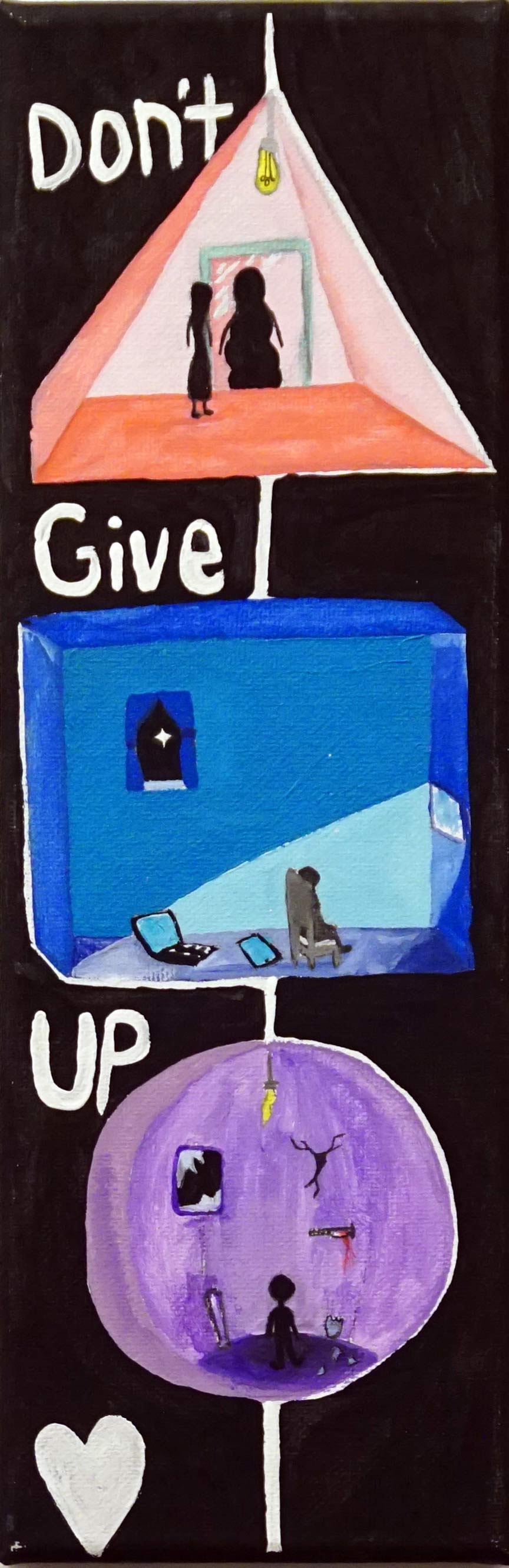 A painting with three scenes of interior life that reads "don't give up"