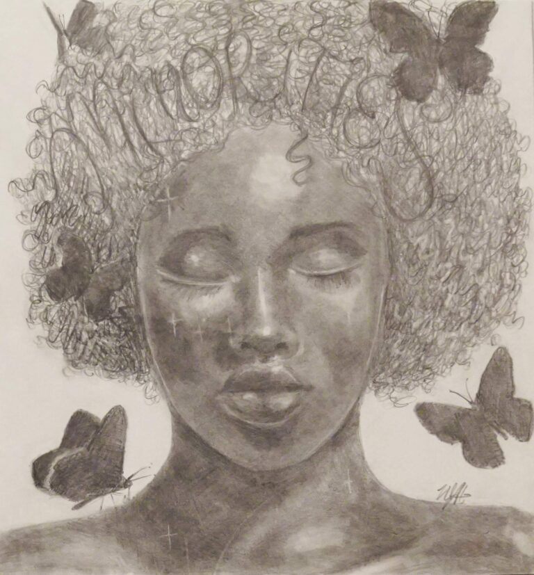 An illustration of a woman with butterflies around her head