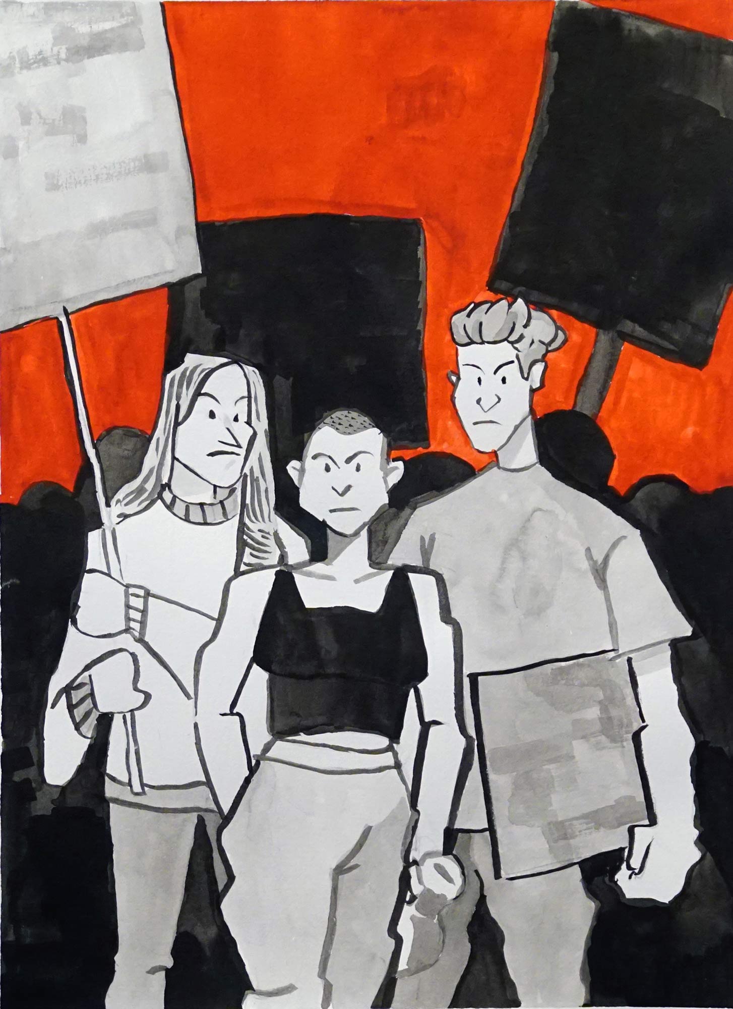 Three figures holding protest signs