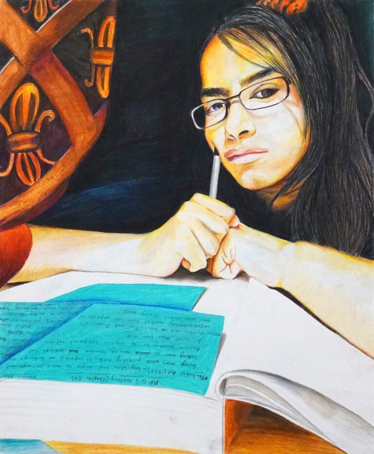 A painting of a young woman studying AP US History from a textbook