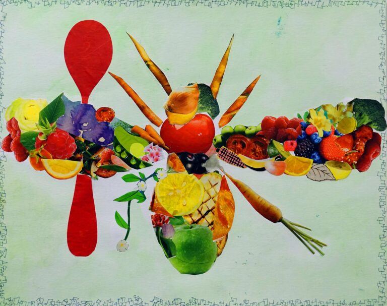 A collage of fruits and vegetables in the shape of an insect with a spoon