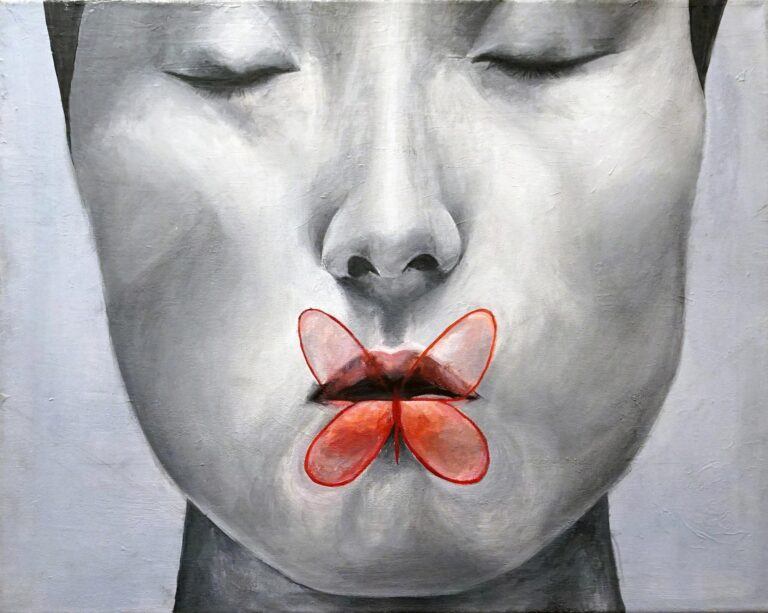 A painted image of a person's face with a butterfly over their mouth