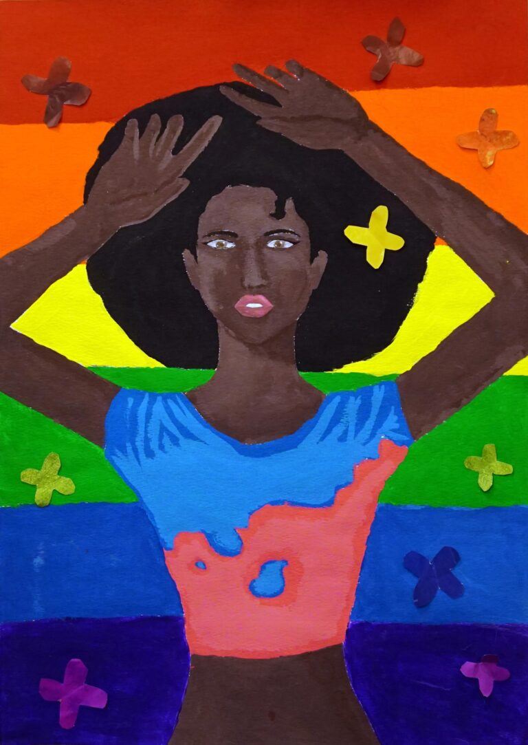A painted portrait of a woman with her hands up, with a rainbow behind her