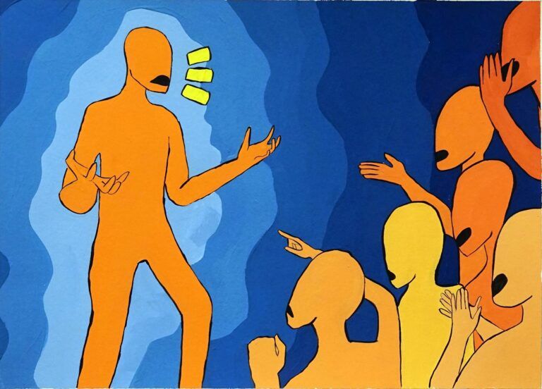 A painting of an orange figure speaking to a group of orange figures who cheer them on