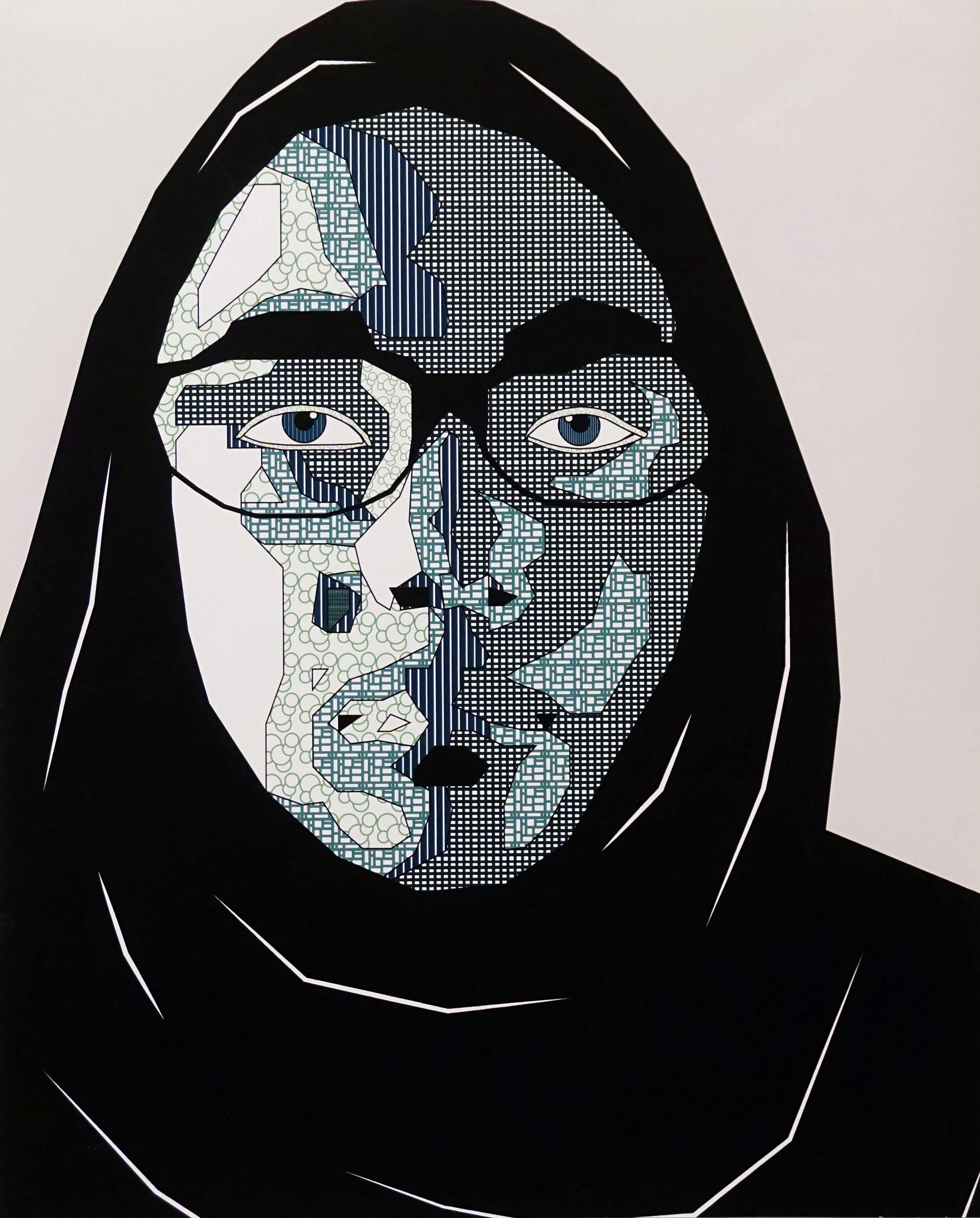 An abstract portrait of a person with a head covering and textures covering shadowed portions of their face