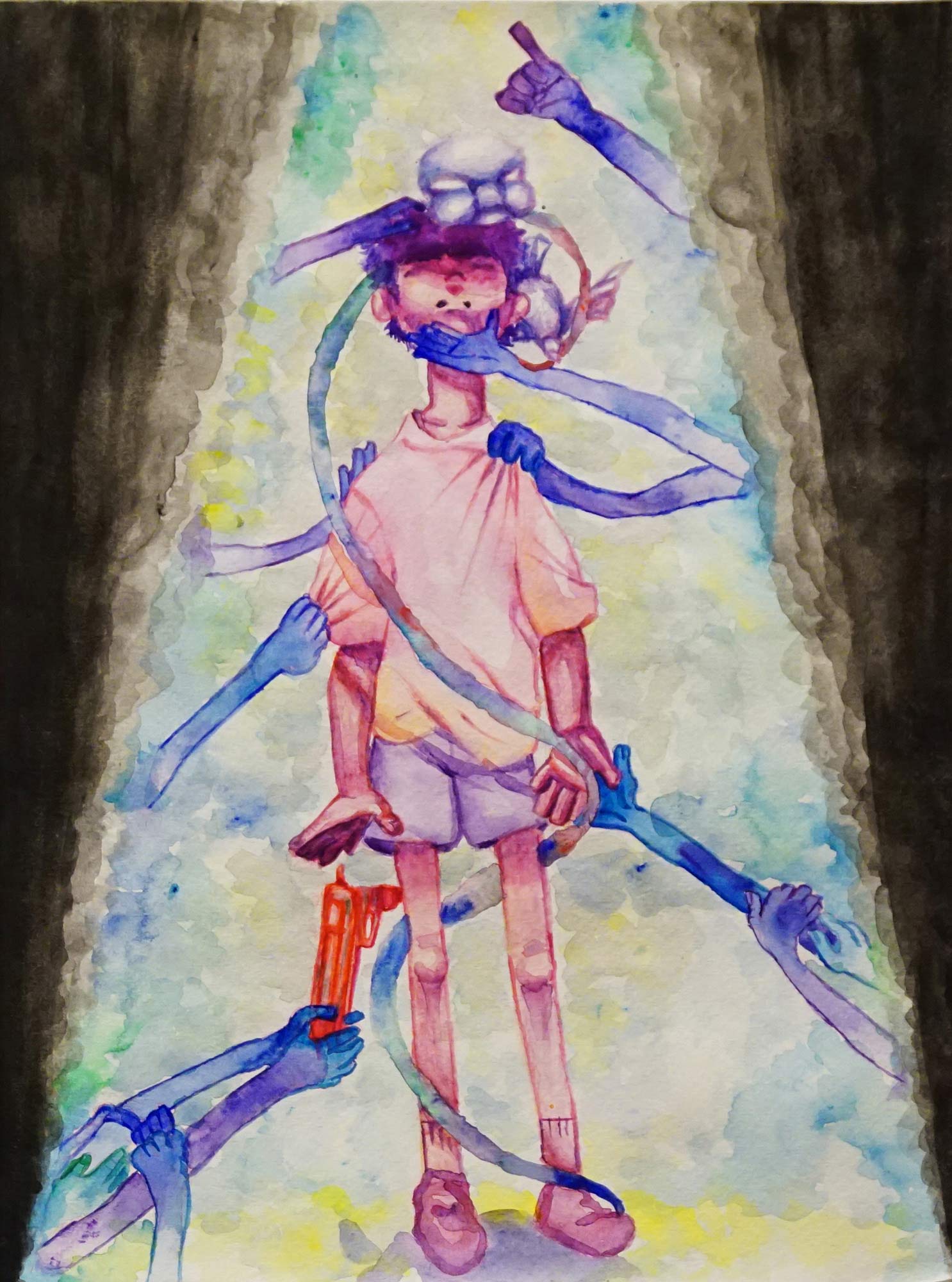 A watercolor painting of a boy held by many arms