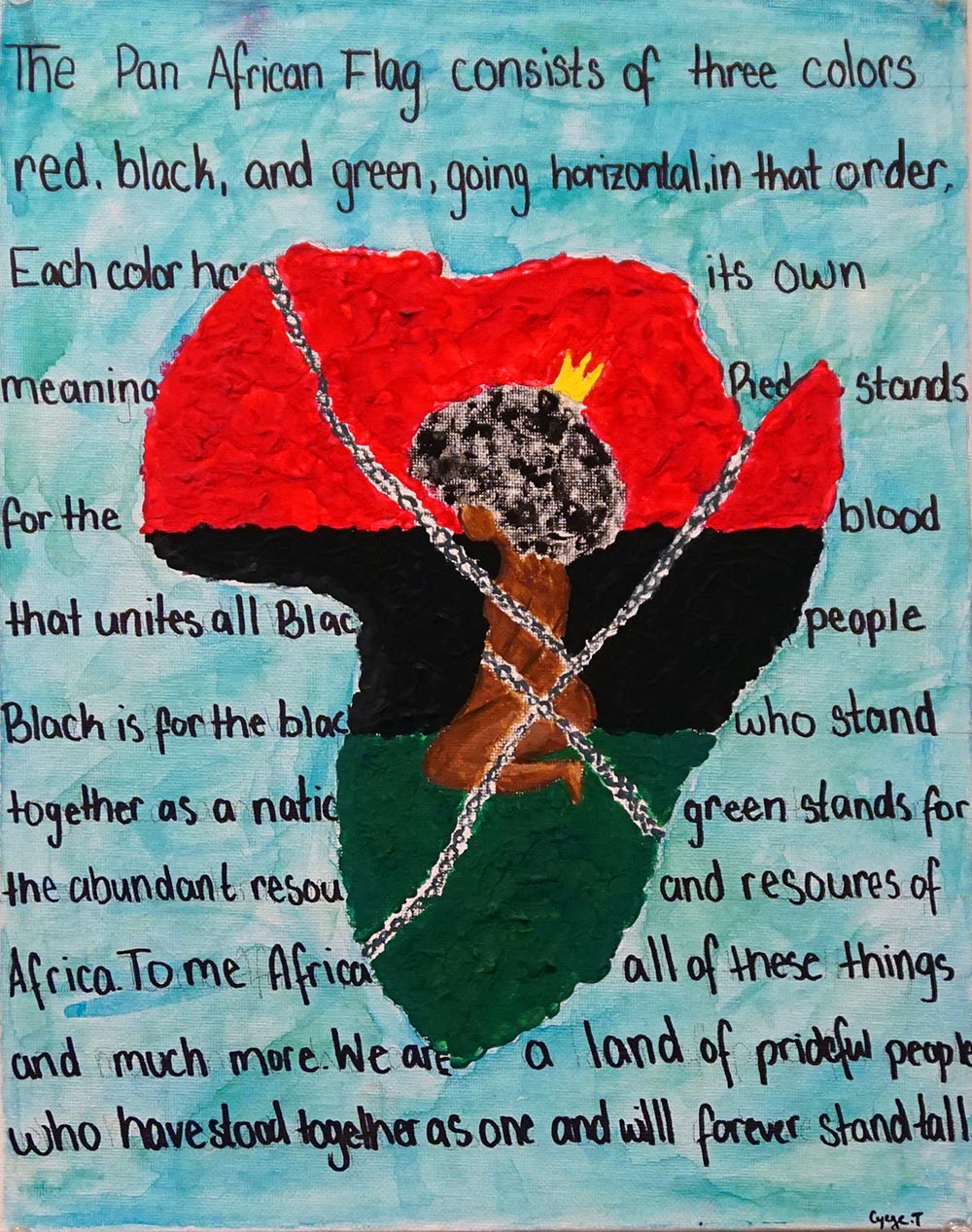A painting of a person with an afro and crown held by chains within the Pan African flag in the shape of Africa, with text written by hand in the background