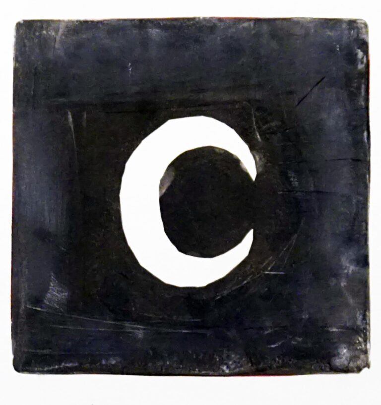 A painting of a C shaped moon on a black ground